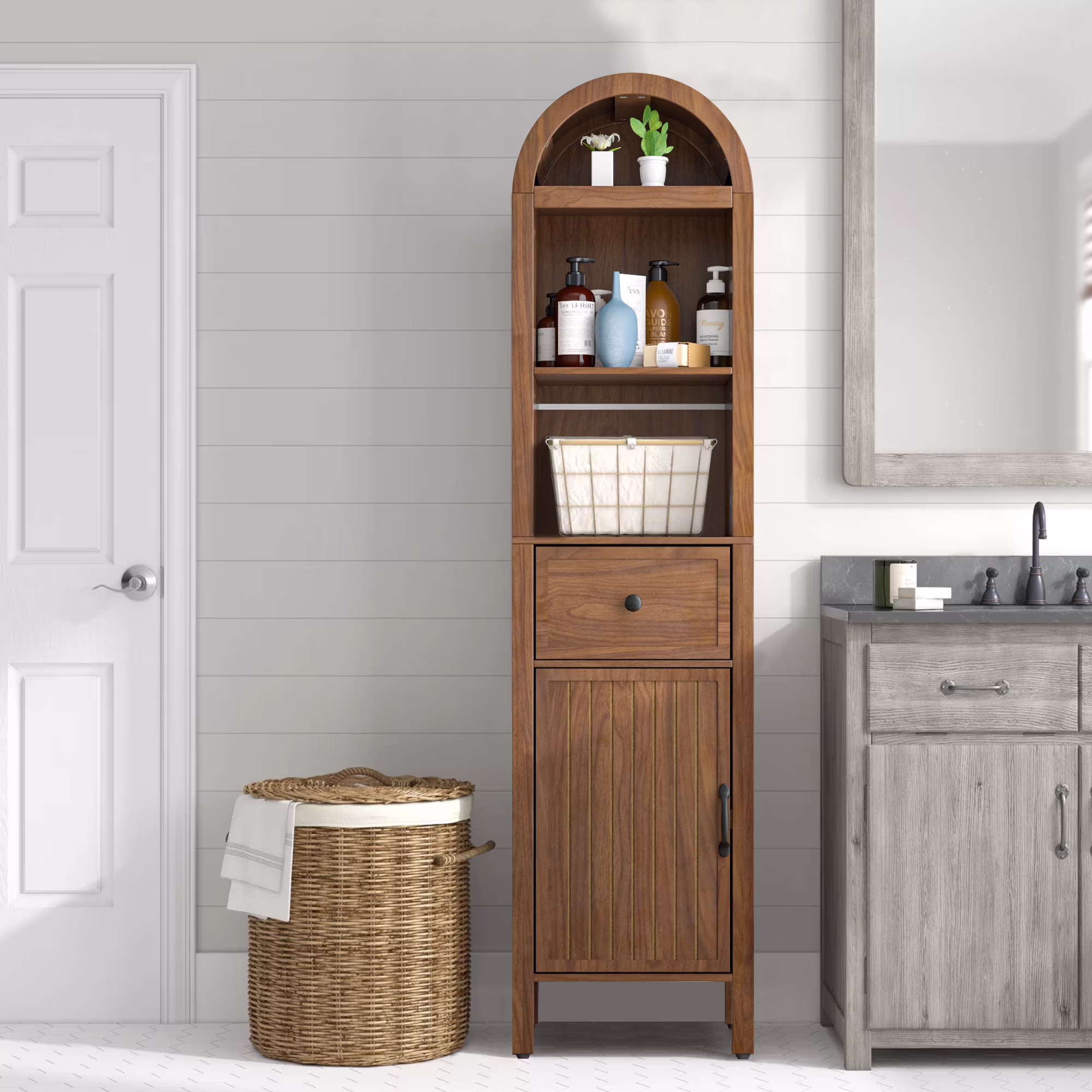 Oubayajia 64" Tall Bathroom Storage Cabinet, Narrow Tall Arched Linen Standing Tower Cabinet, Kitchen Cupboard with Adjustable Shelf and Drawer