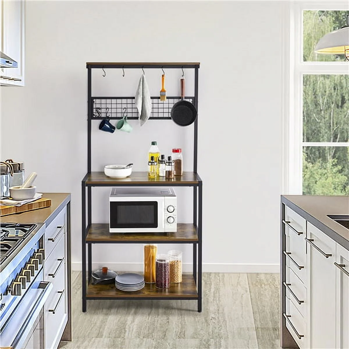 Topeakmart 67''H Kitchen Bakers Rack Storage Shelf with 4 Shelves & 10 Hooks, Rustic Brown