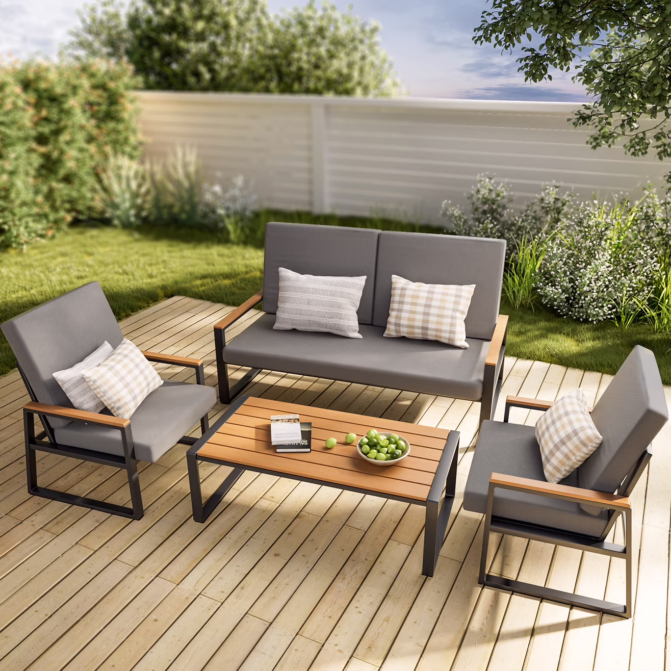 Aiho 4-Piece Patio Set with Wooden Coffee Table, All-Weather PE Rattan Furniture for Terrace, Backyard, Gray