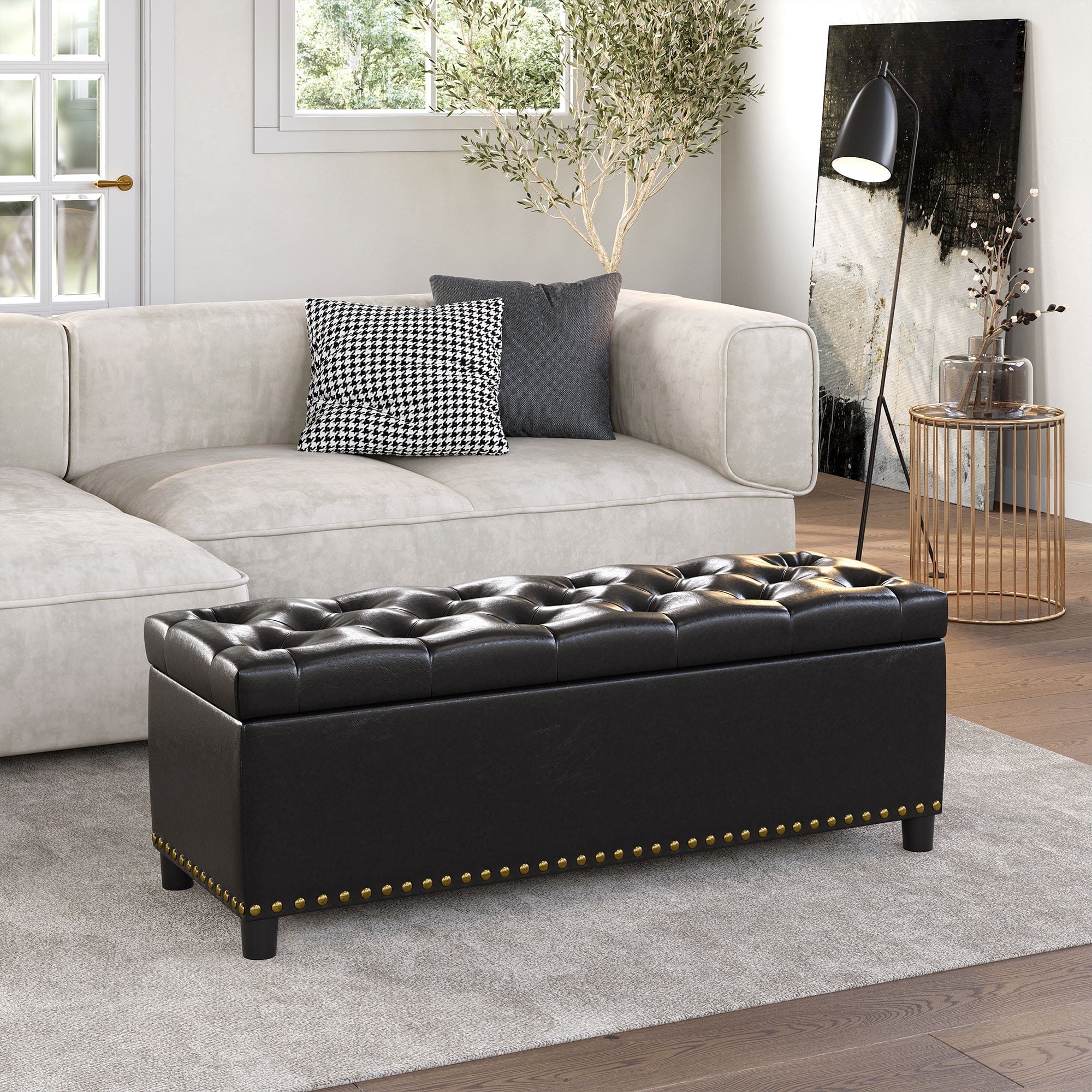 BELLEZE Button-Tufted Storage Ottoman Bench - Brentwood (Dark Brown)