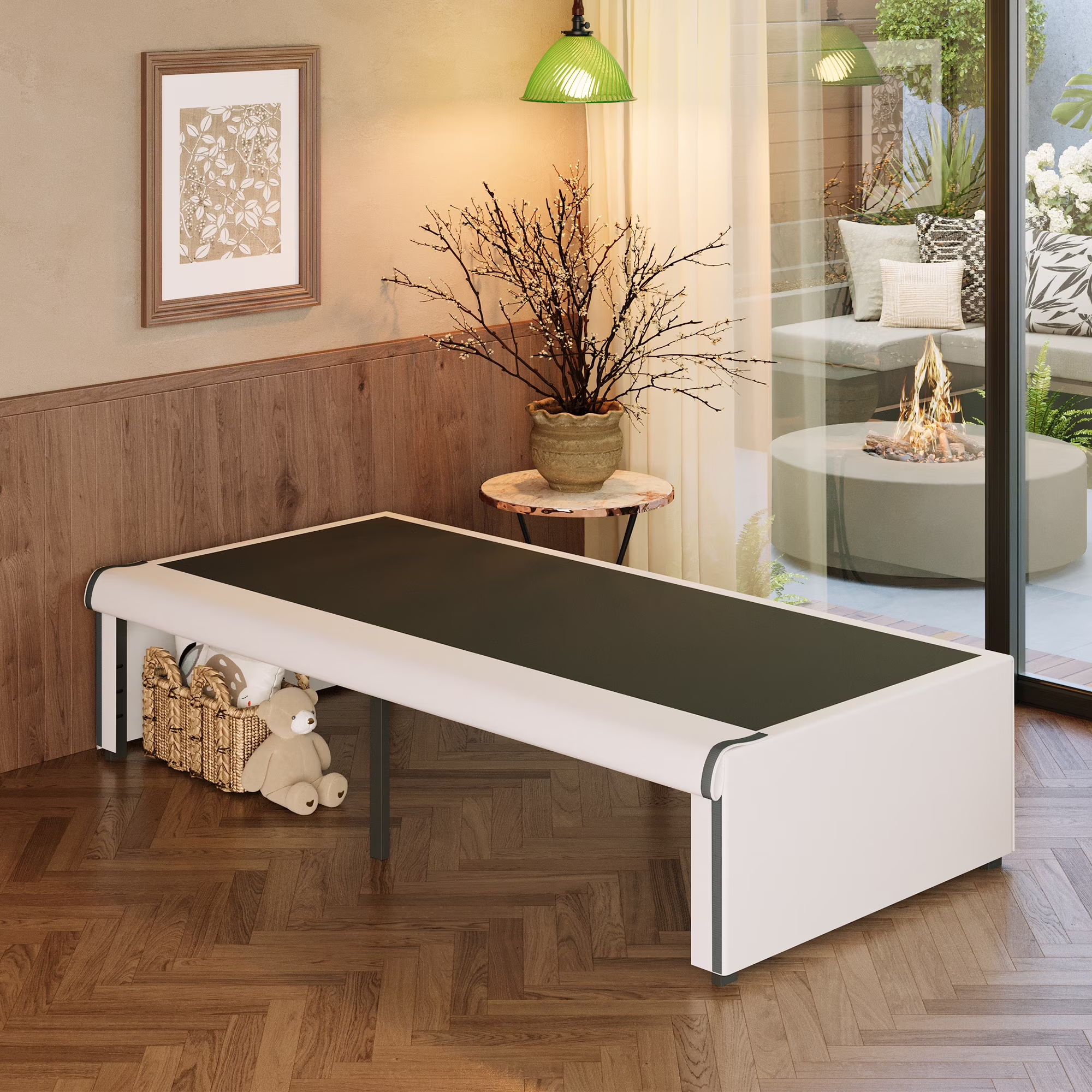 Maenizi 16 Inch Twin Bed Frames with White Skirt Cover, Metal Twin Size Bed Frame with Storage, Heavy Duty, No Box Spring Needed, Easy Assembly, Noise Free, Mattress Foundation