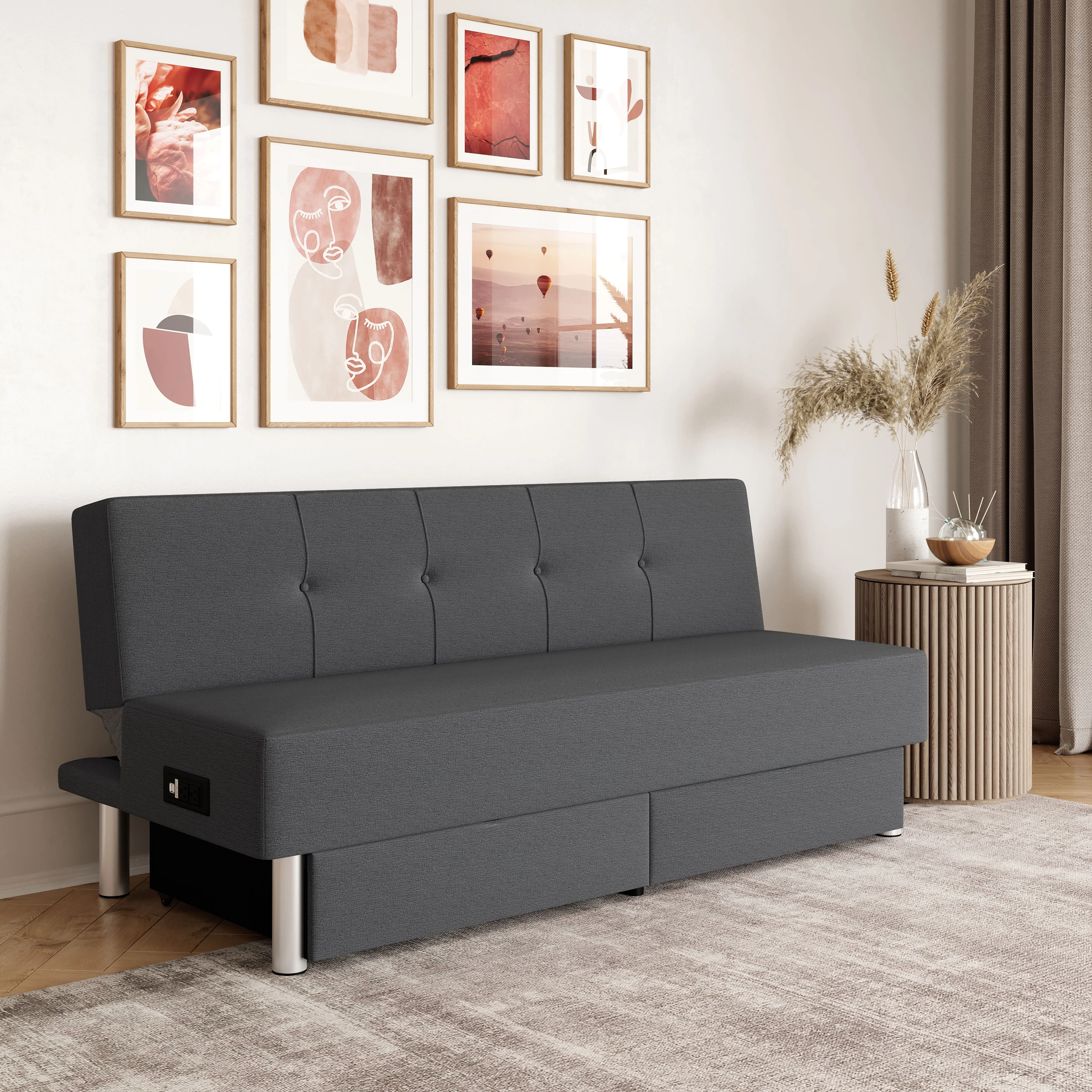 Serta Windsor Futon with Storage and Power, Gray Fabric