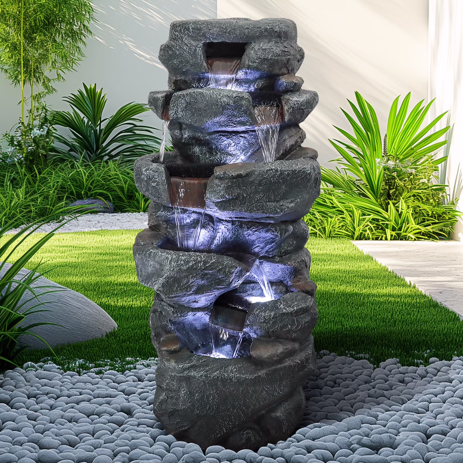 SunJet 40.5" Rock Water Fountain w/LED Lights - Outdoor 6-Tier Waterfall Fountain  for Garden Decor