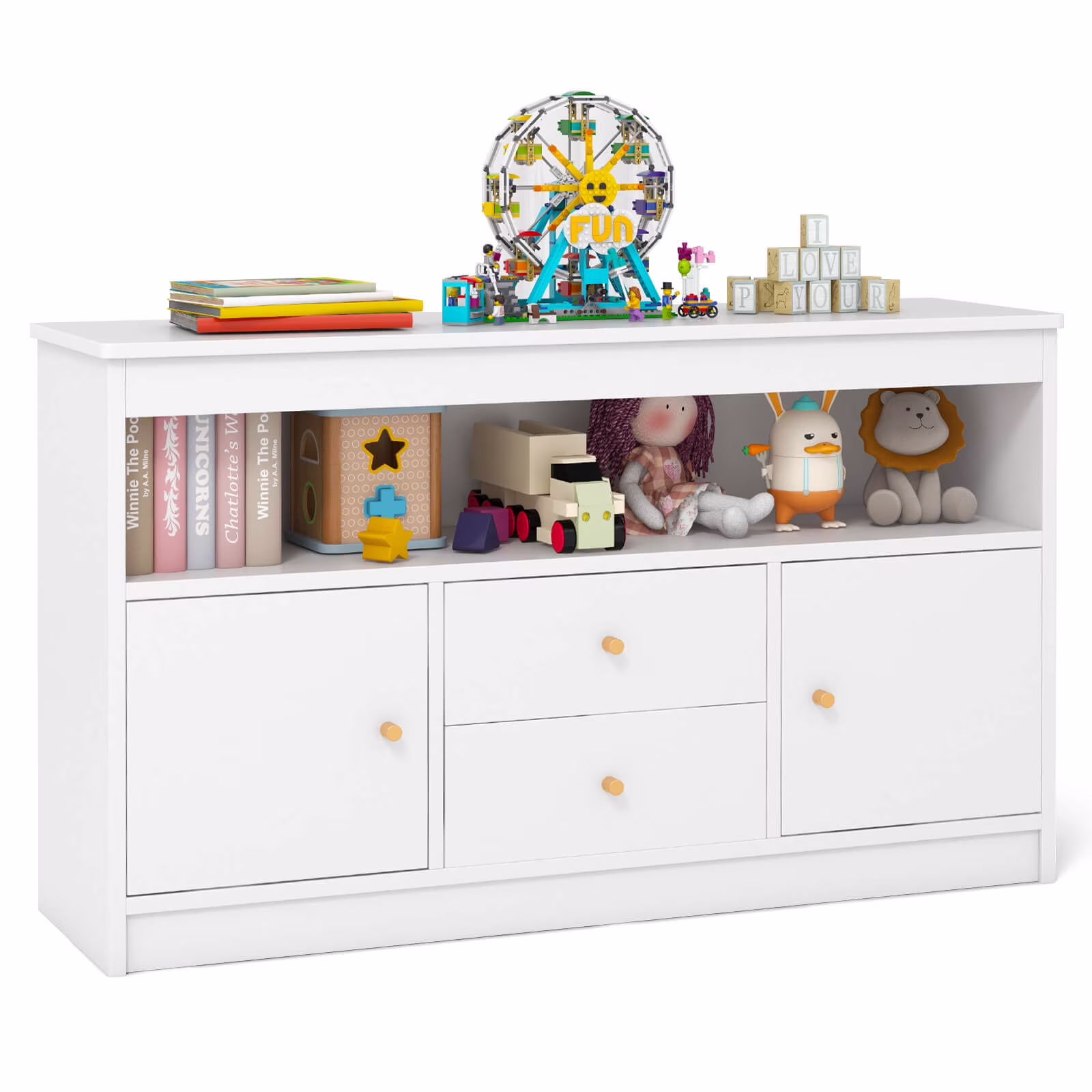 Costway Kids Toy Storage Organizer Wooden Children Bookshelf Storage Chest with Open Shelf White