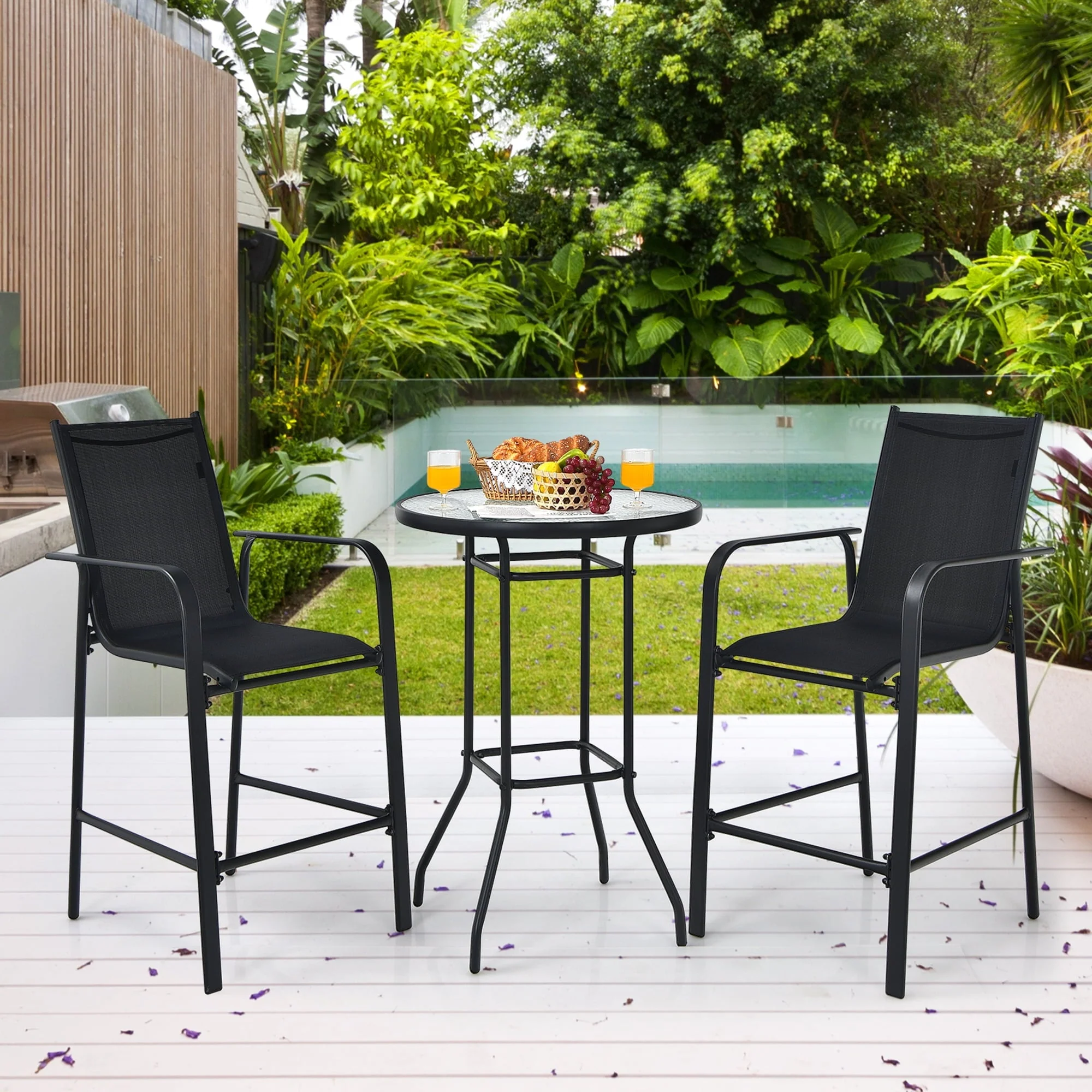 Gymax 3PCS Patio Bar Set Outdoor Bistro Set w/ 2 Stools & 1 Tempered Glass Table