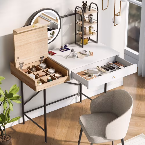40" Makeup Vanity Desk with 3-Mode Lighted Mirror & Wireless Charging Station , Vanity Table with Drawer & 3 Open Shelves for Ample Storage Space, Dressing Table for Bedroom, White