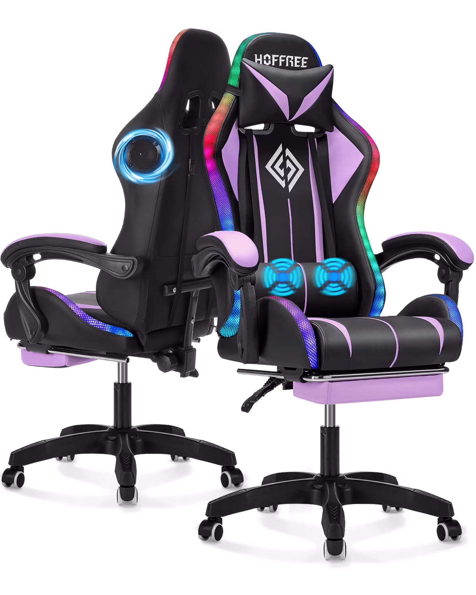 Hoffree Gaming Chair with Bluetooth Speakers and Footrest Massage Office Chair with LED Lights Ergonomic Game Chair High Back with Lumbar Support and Headrest Adjustable Swivel for Adults 300lb