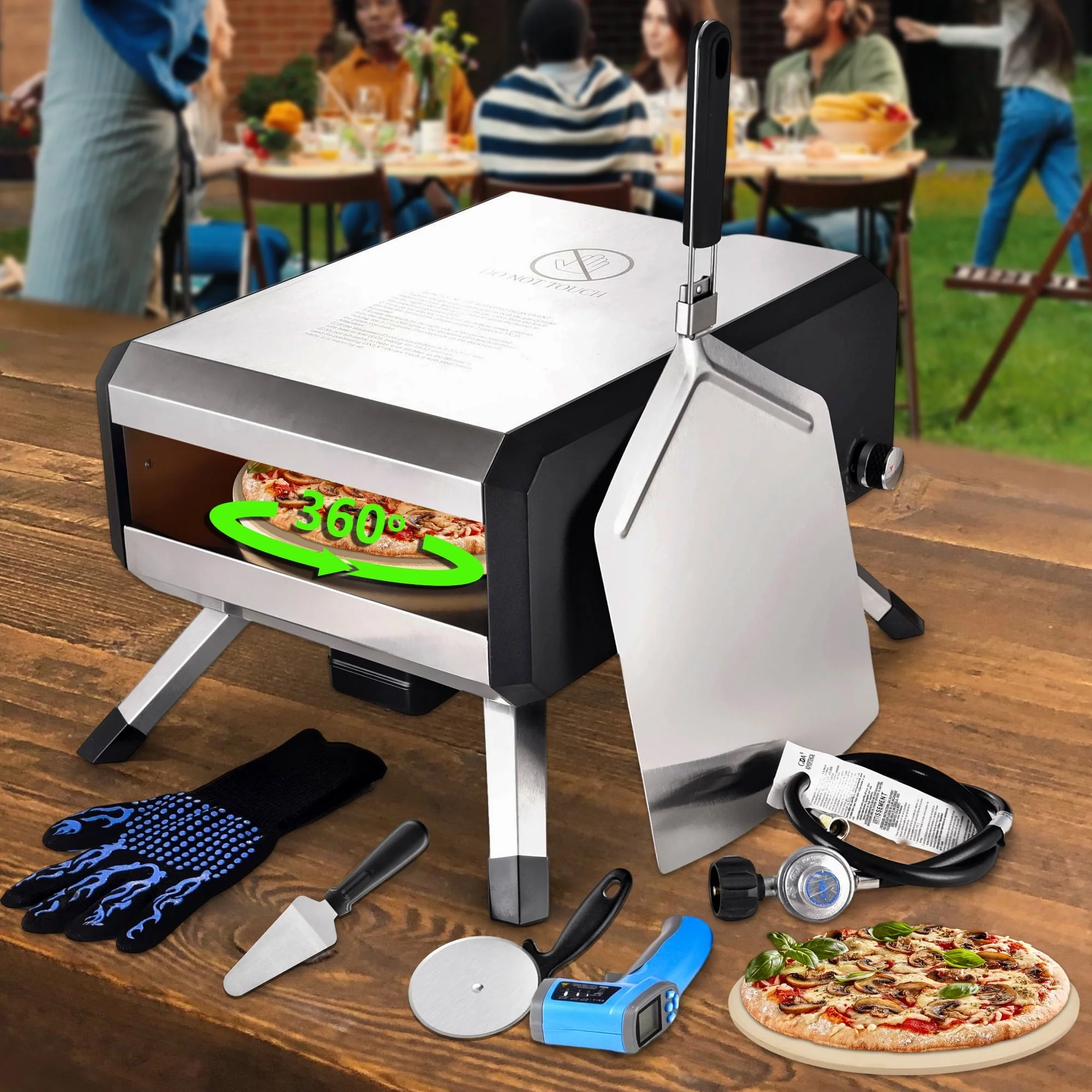 Portable Rotating Gas Pizza Oven for Outdoor, Stainless Steel Pizza Oven with 14" Pizza Stone, Gas Powered Pizza Oven with Foldable Legs