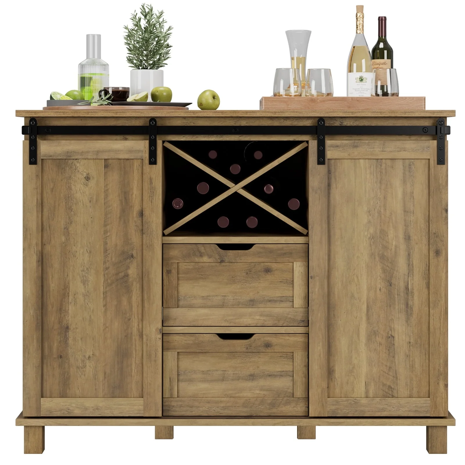 Homfa 2 Drawer 2 Barn Door Sideboard, Wood Buffet Cabinet, Farmhouse Storage Cabinet with Sliding Rail Barn Doors, Rustic Brown Finish