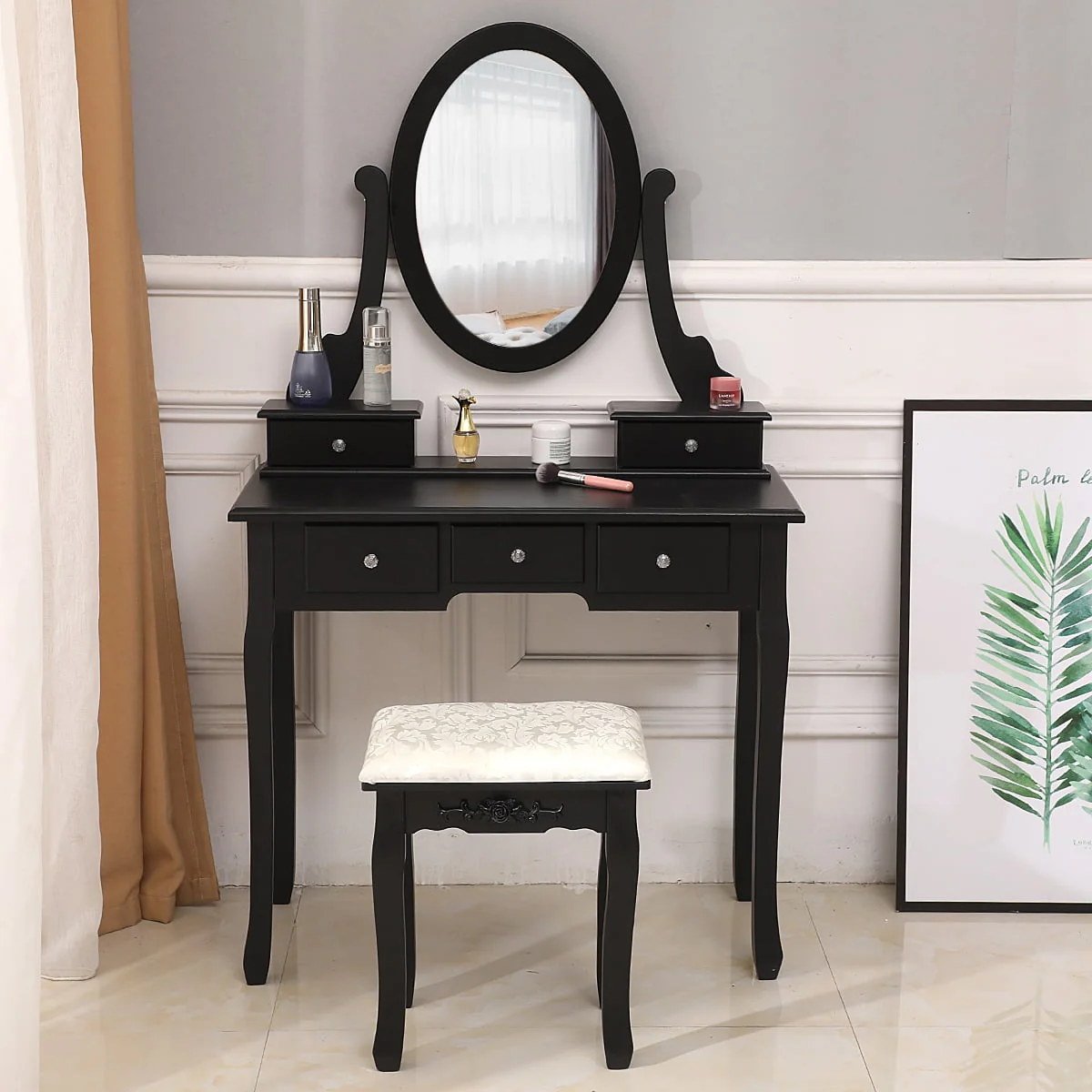 SamyoHome Oval Mirror Vanity Makeup Dressing Table and Stool Set Jewelry Desk with 5 Drawers, Black