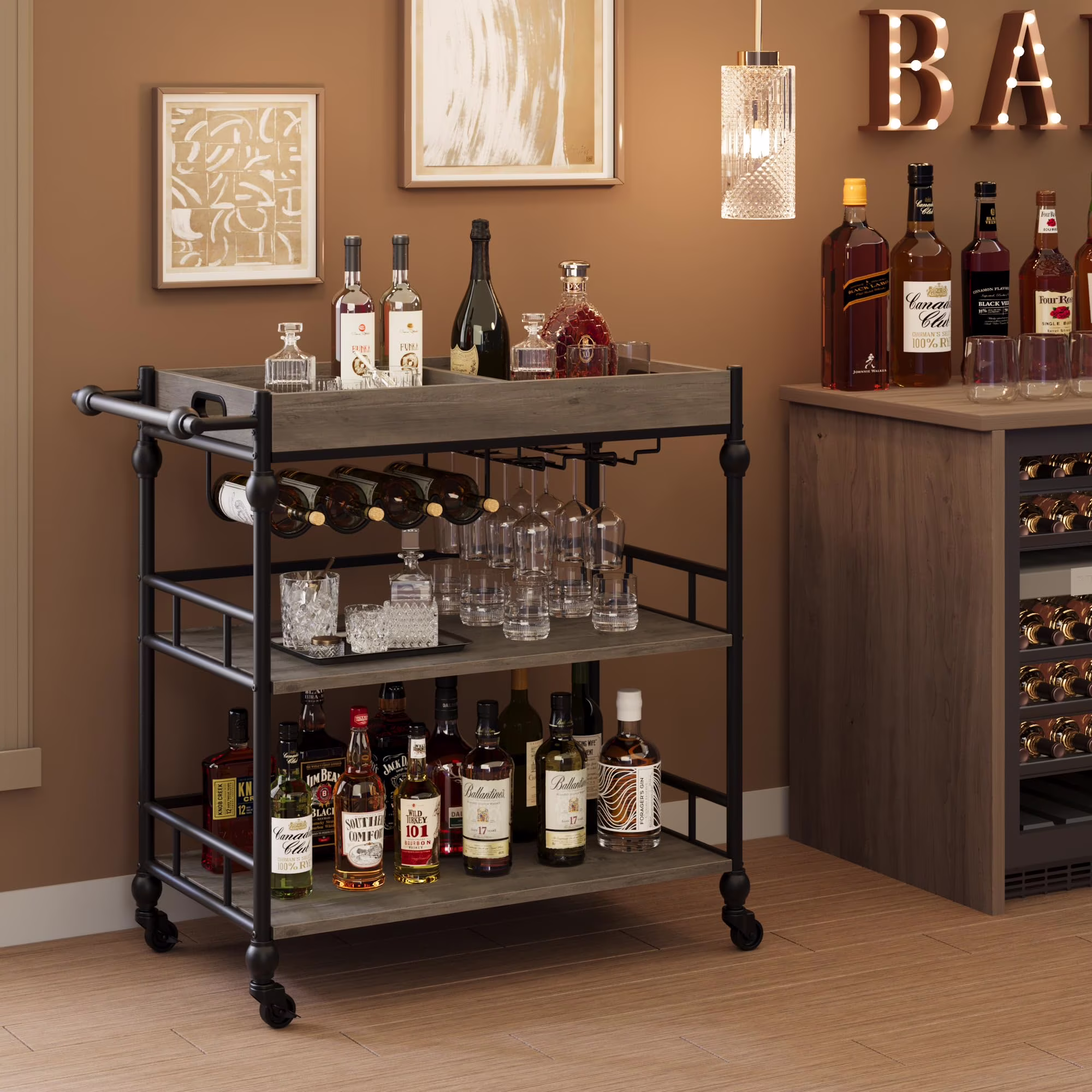 Litake Rolling Industrial Kitchen Serving Cart with Removable Tray, Gray