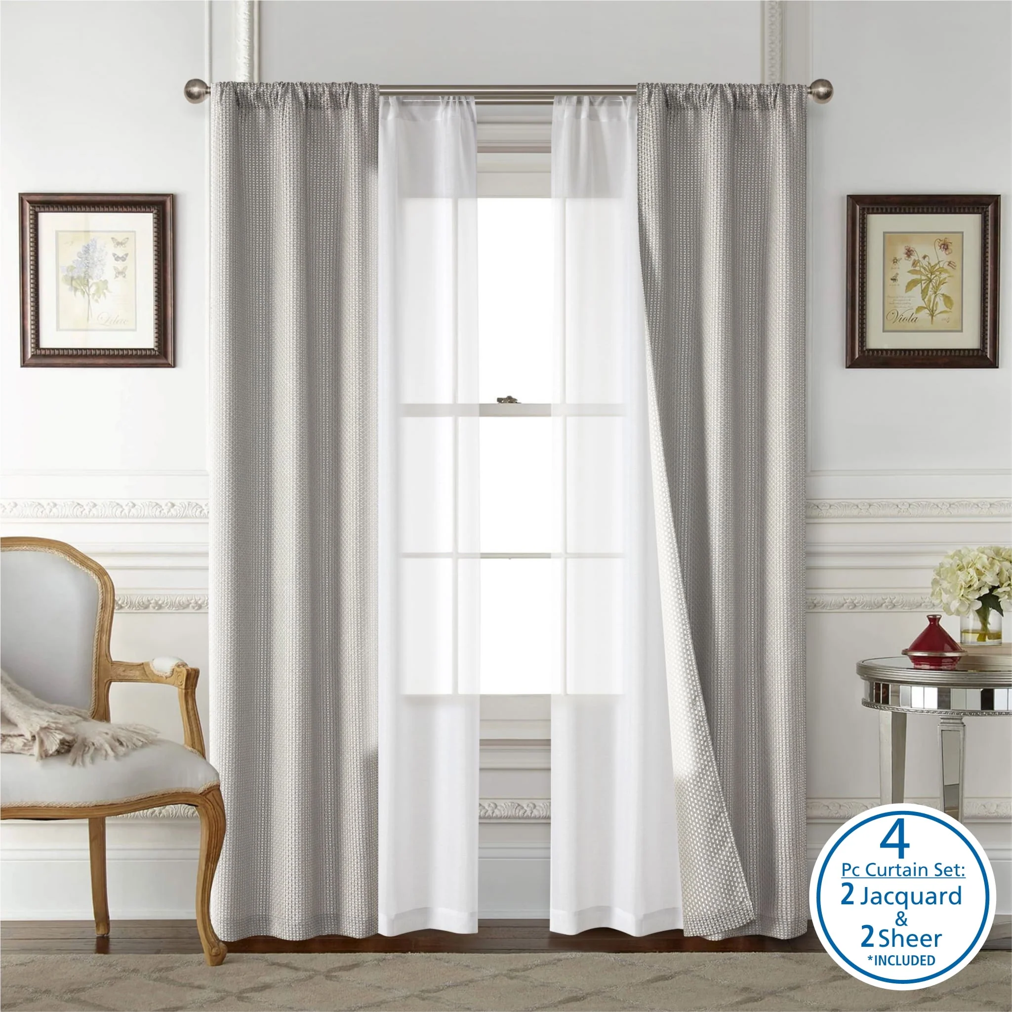 Mainstays 4 Piece Wave Jacquard Curtain Panel Set, 27.5" x 84" inch Panels, Light Grey