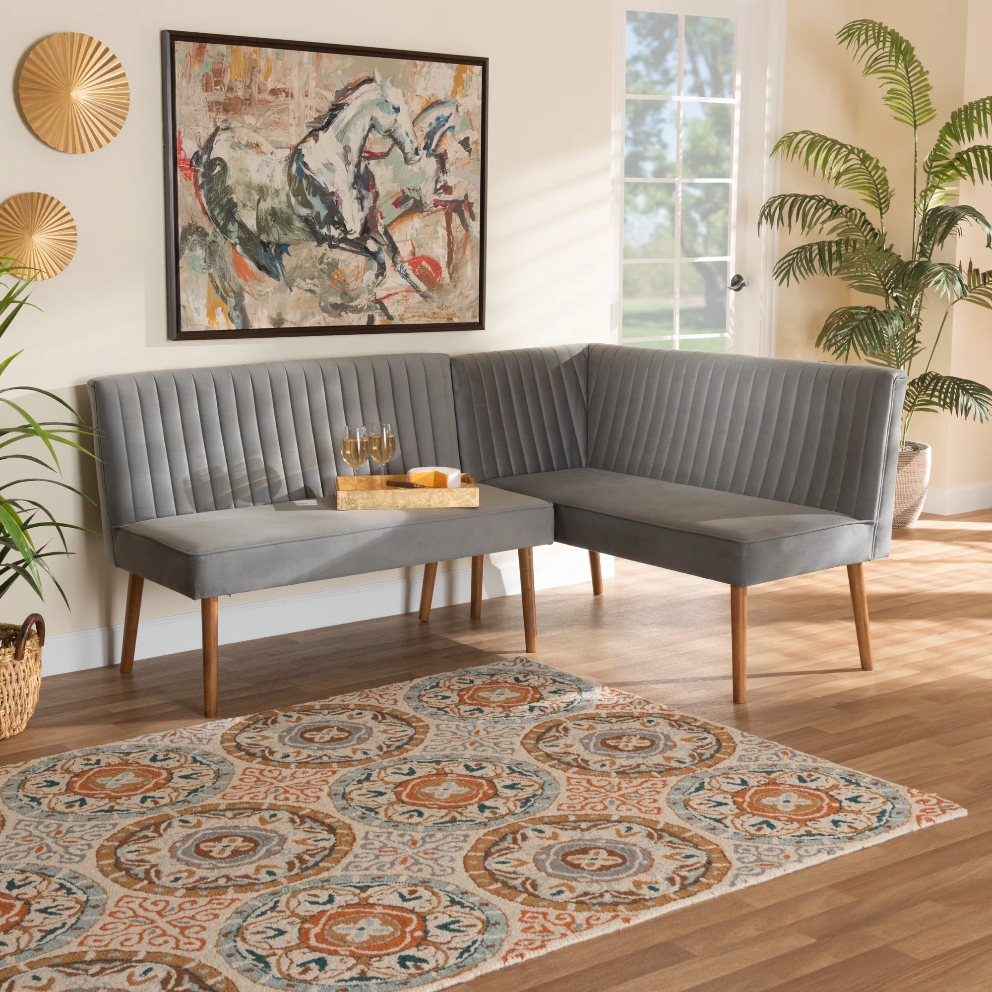 Baxton Studio Alvis Mid-Century Modern Grey Velvet Upholstered Back 2-Piece Dining Corner Bench