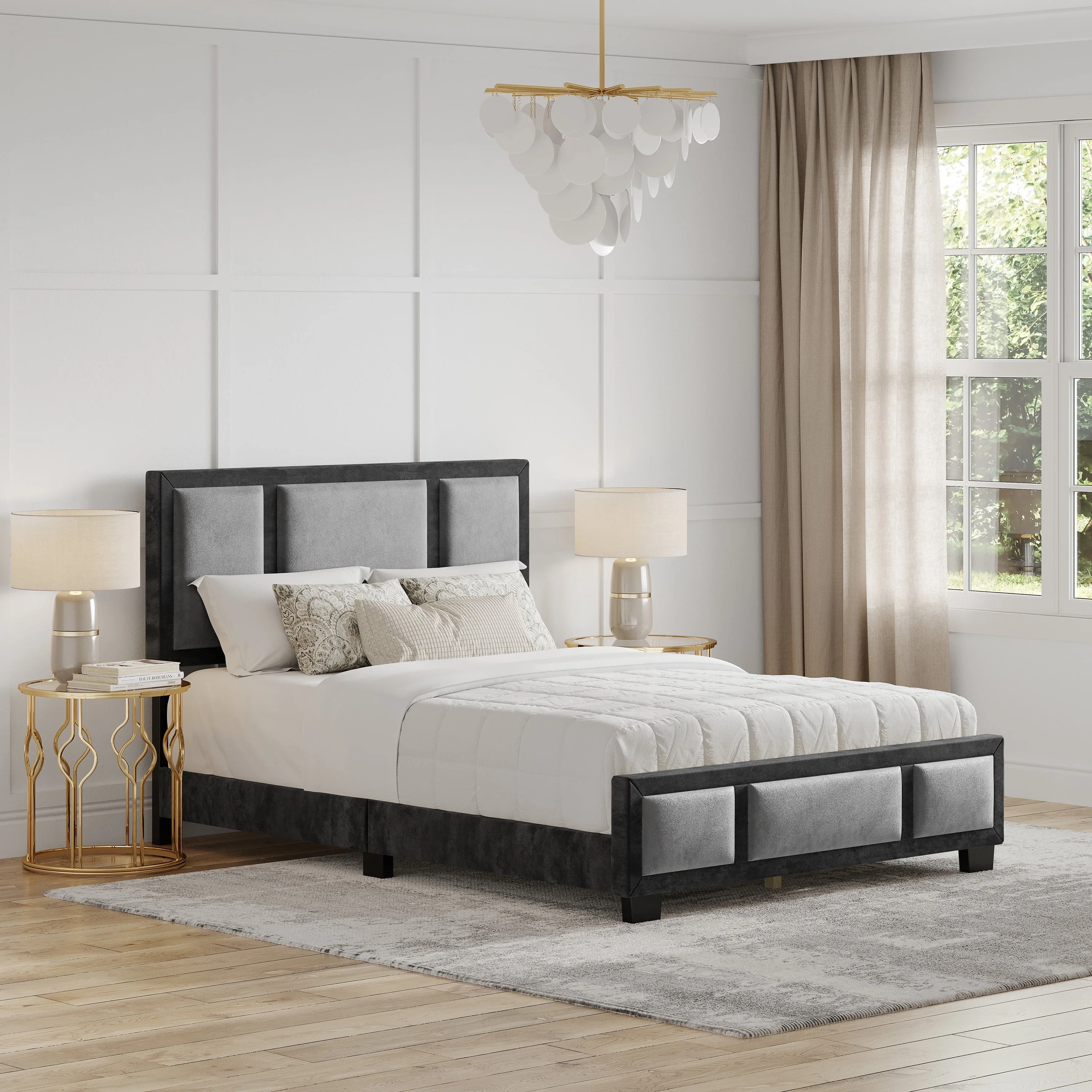 Boyd Sleep Triptych Velvet Upholstered Platform Bed, Black/Gray, Full