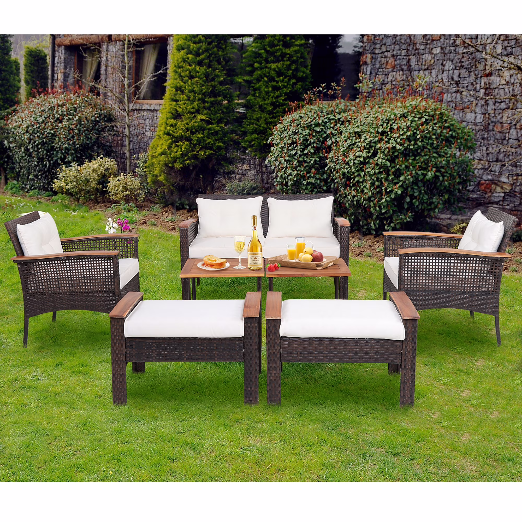 Gymax 7PCS Patio Rattan Sofa Set Outdoor Wicker Conversation Set w/ Coffee Tables
