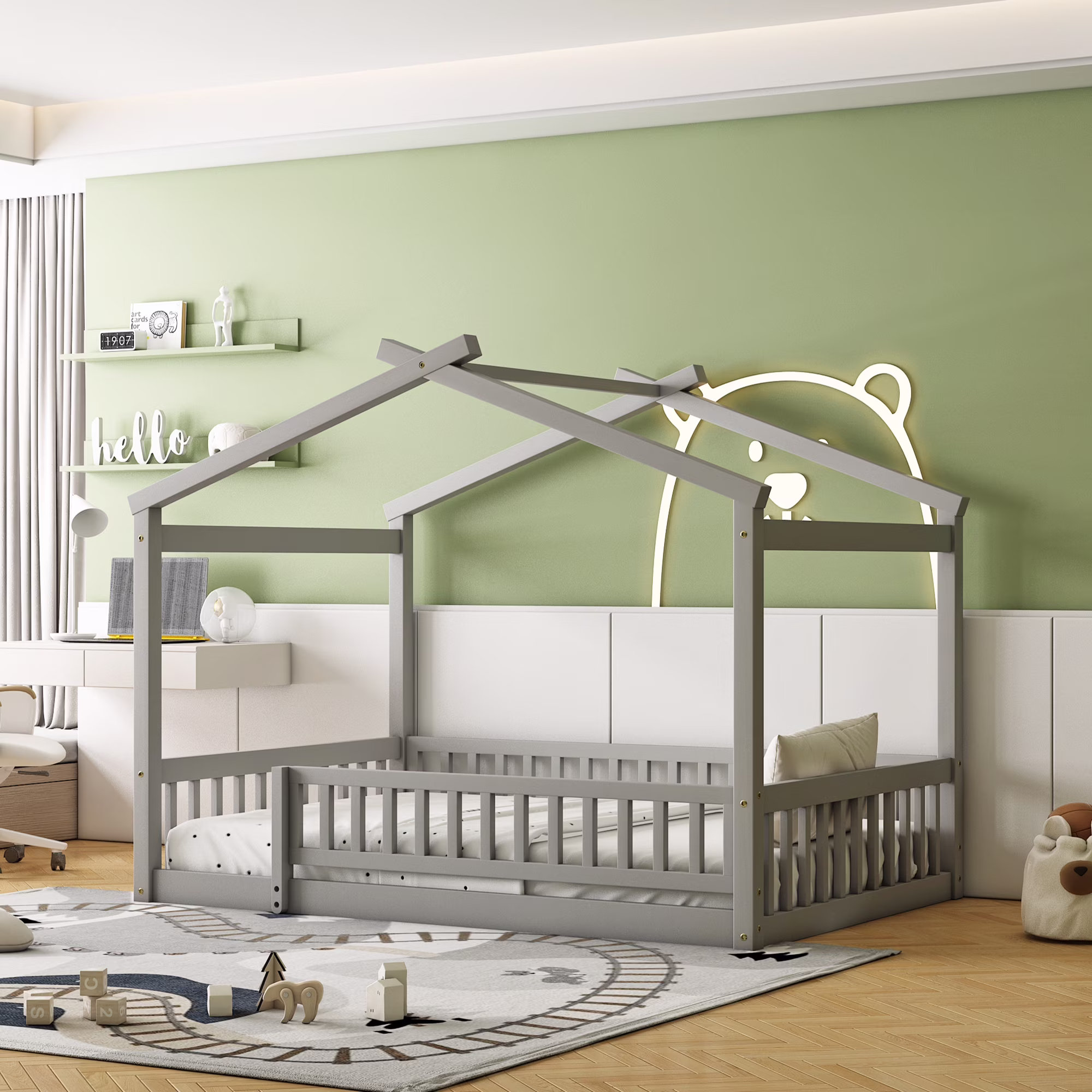 Gewnee Full Floor Bed for Kids, Wooden House Bed Frame with Fence for Kids Teens,Gray