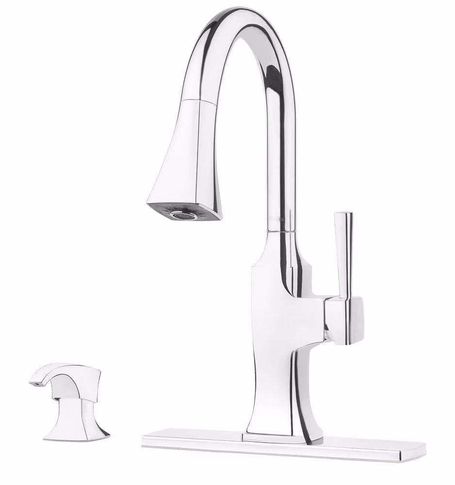 Pfister Kroft Kitchen Pulldown Spray & Stream Faucet in Spot Defense Polished Chrome, w/SoloTilt Soap Dispenser
