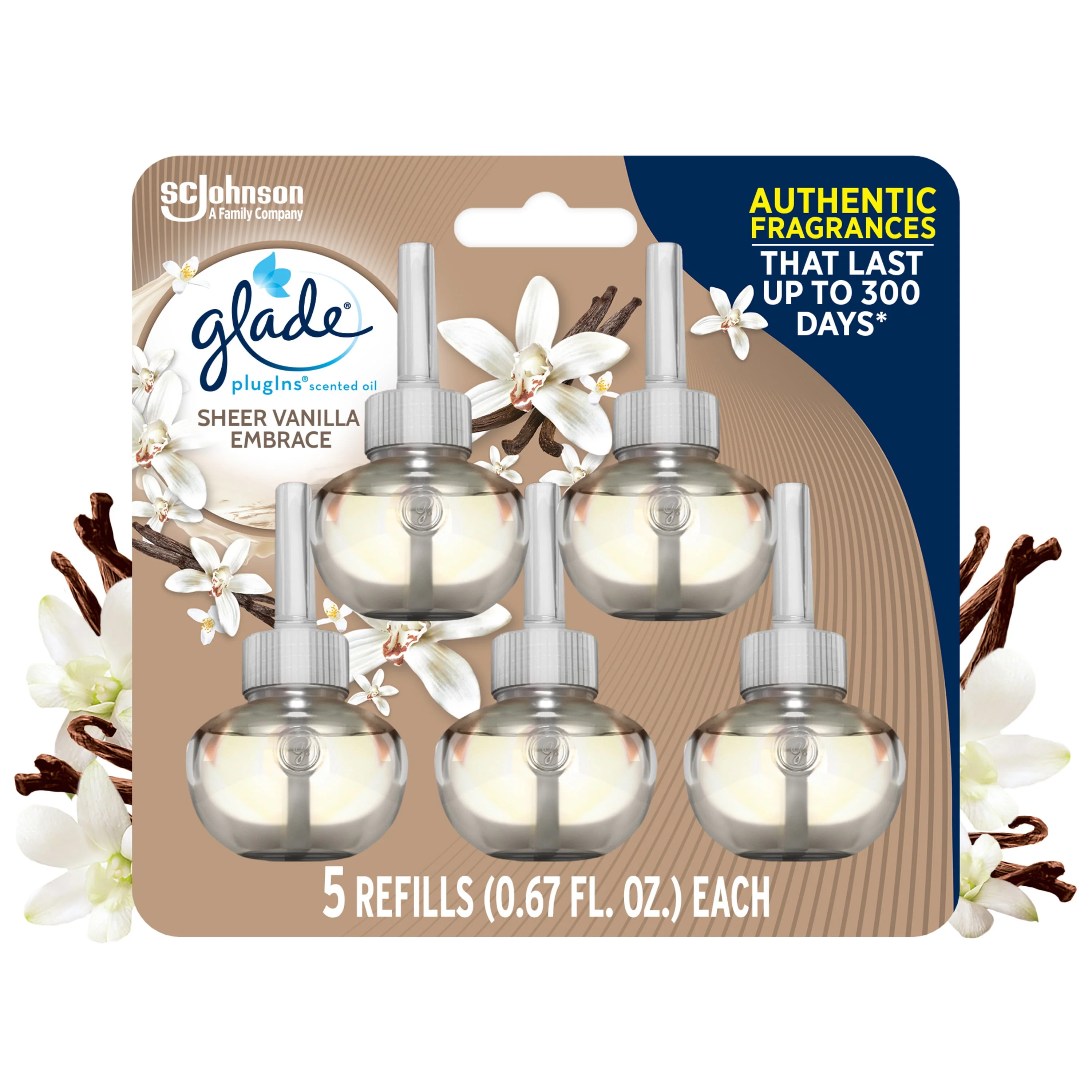 Glade PlugIns Scented Oil 5 Refills, Air Freshener, Sheer Vanilla Embrace, 5 x 0.67 oz