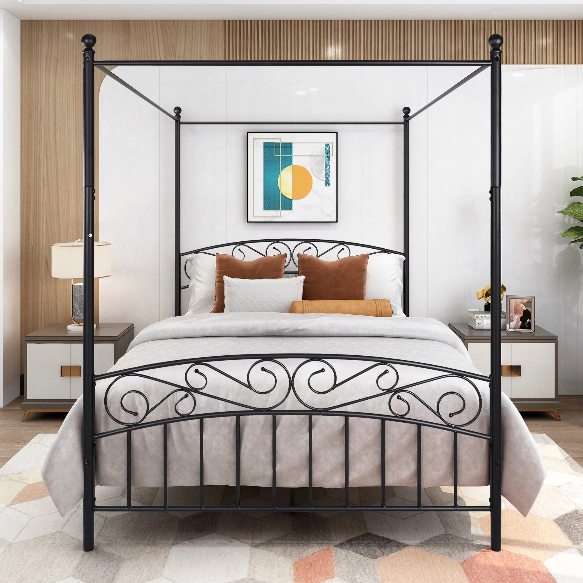 Queen Canopy Platform Bed, Classic Metal Canopy Bed Frame with Headboard, Strong Steel Slats Support, Heavy Duty Queen Size Canopy Bed for Teens Adults, 500lbs Capacity, No Box Spring Needed, Black