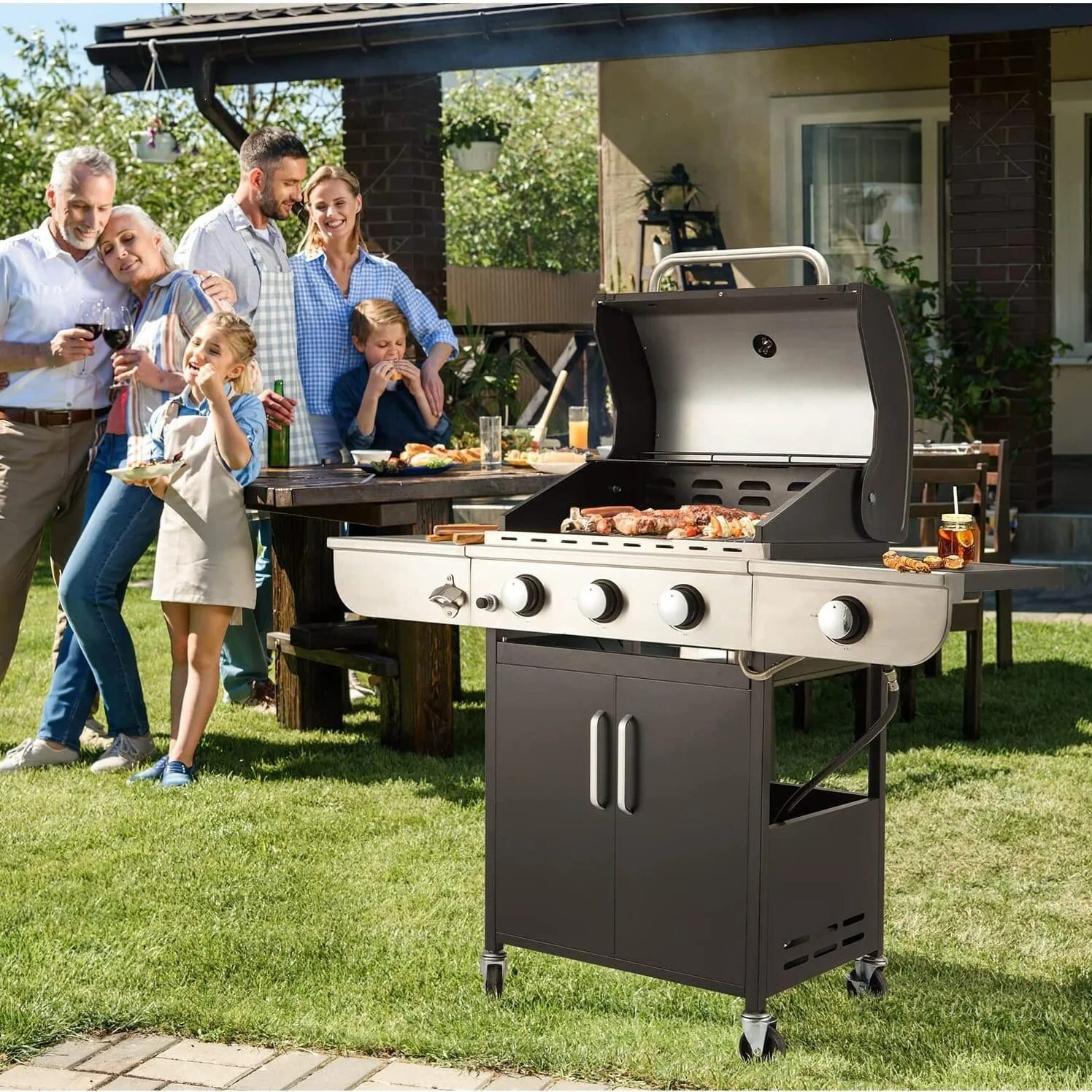 Erommy  3+1/ 4+1 Burner BBQ Propane Gas Grill, 24,000/ 36,000 BTU Stainless Steel Patio Barbecue Grill with Stove and Side Table 3+1 burner
