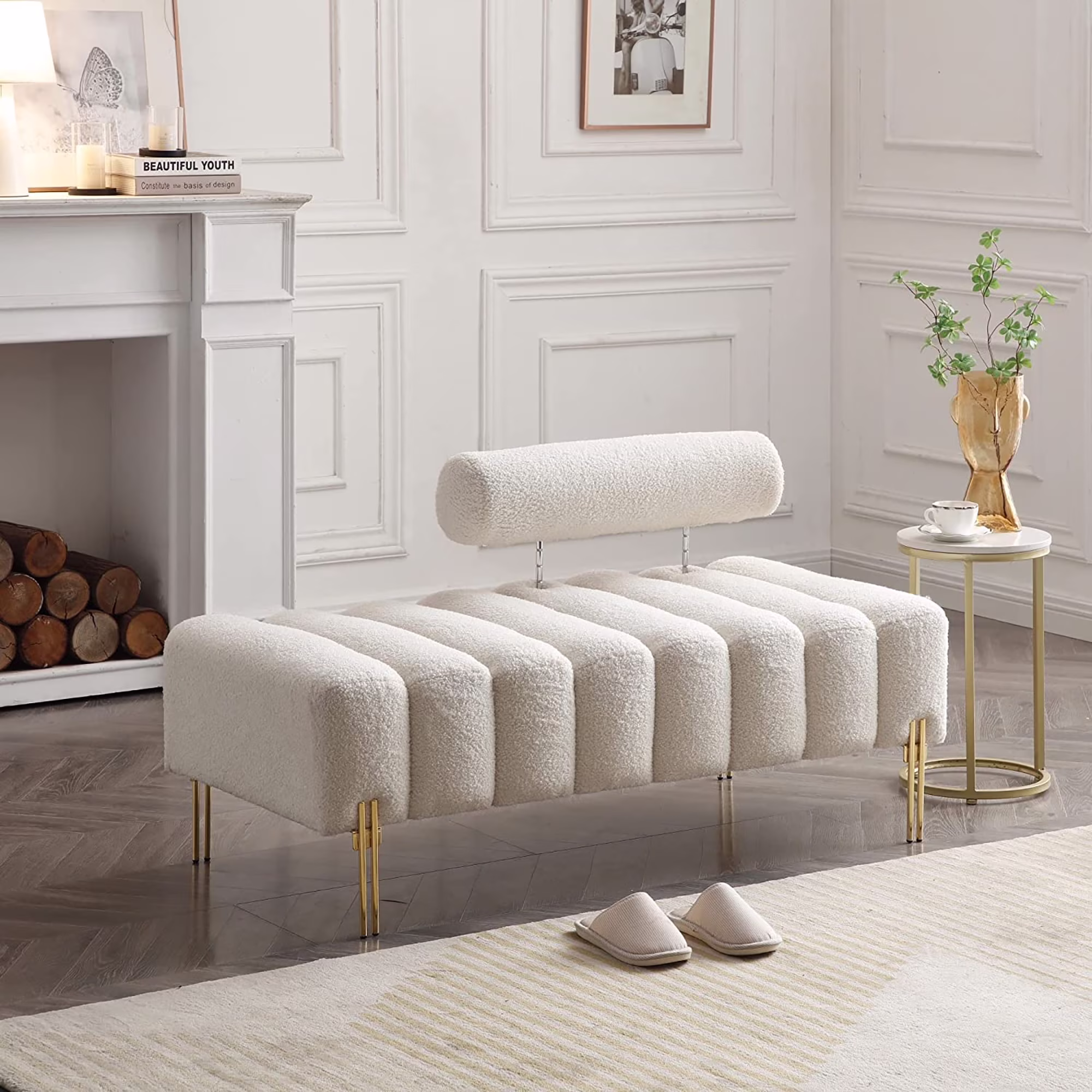 Miniyam Sherpa Upholstered Indoor Bench, White