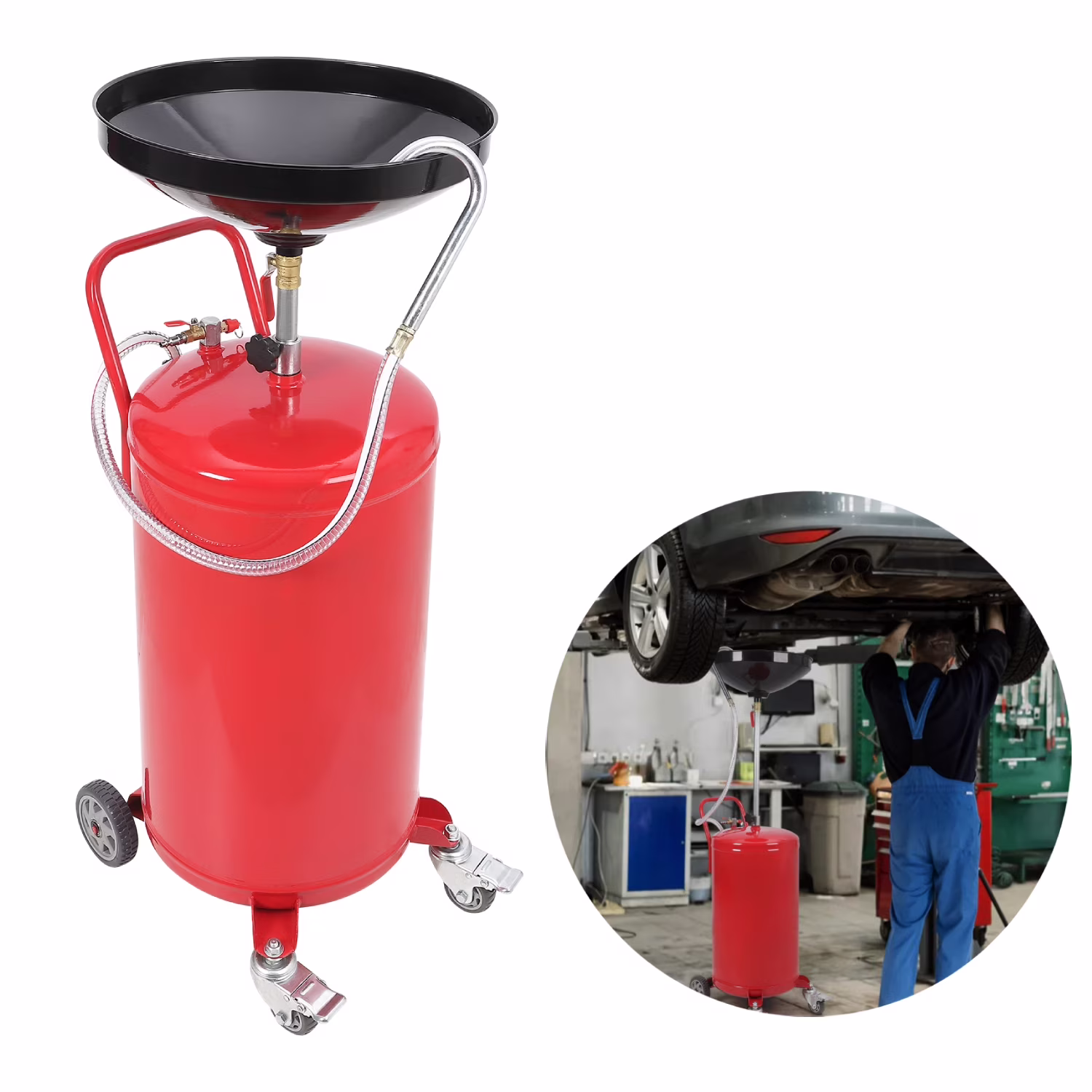 Garvee Waste Oil Drain Tank,18 Gallon Portable Oil Drain Container with Level Gauge,Steel Oil Change Pan with Brake Wheels,Adjustable Funnel Height & Funnel Drain for Easy Oil Removal