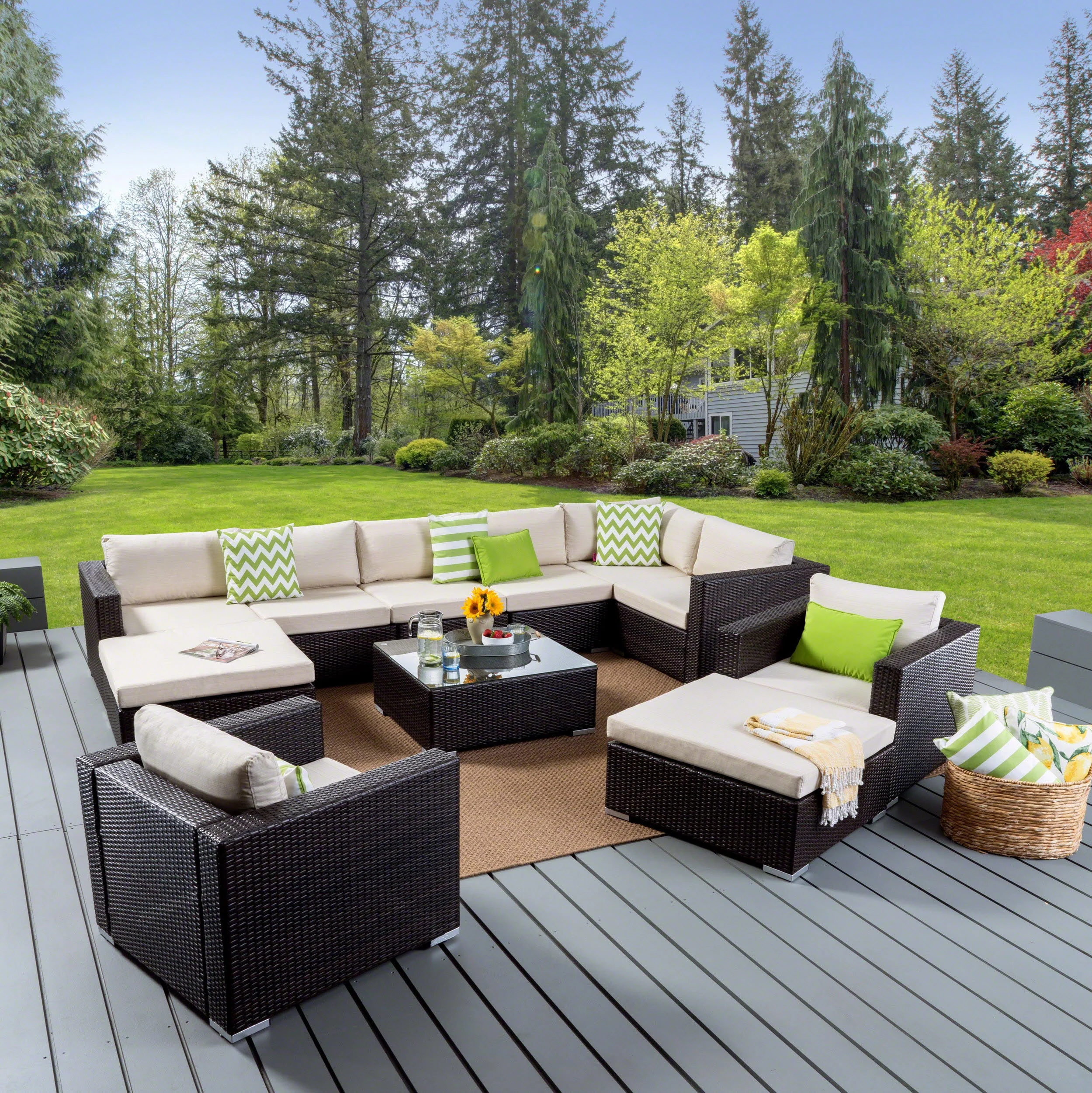 Noble House Outdoor 8 Seater Wicker Sectional Sofa Set with Cushions, Multibrown, Beige