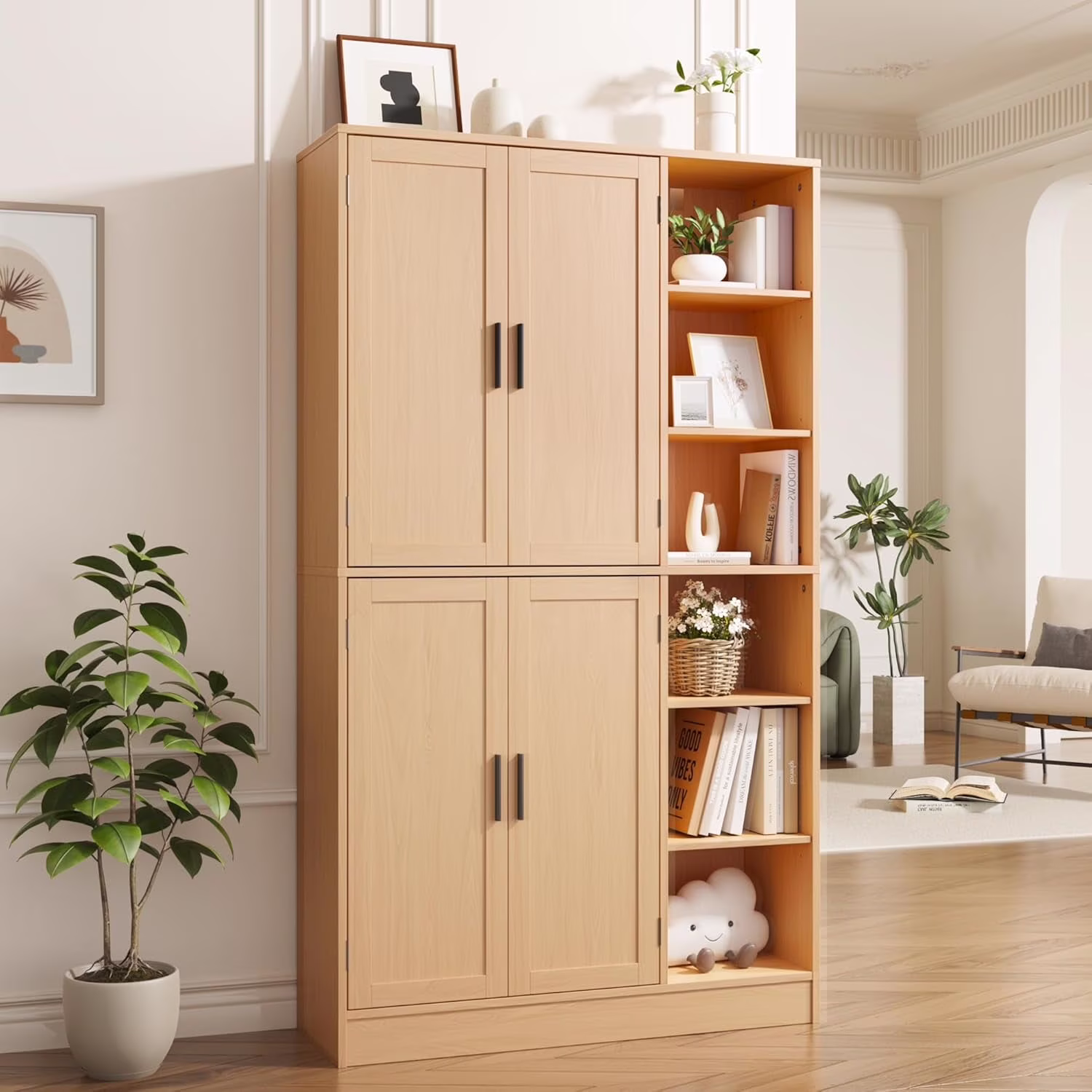 63" Tall Kitchen Pantry, Kitchen Pantry Cabinet with 4 Doors and Adjustable Shelves, Storage Cabinet for Dining Room, Laundry Room, Oak