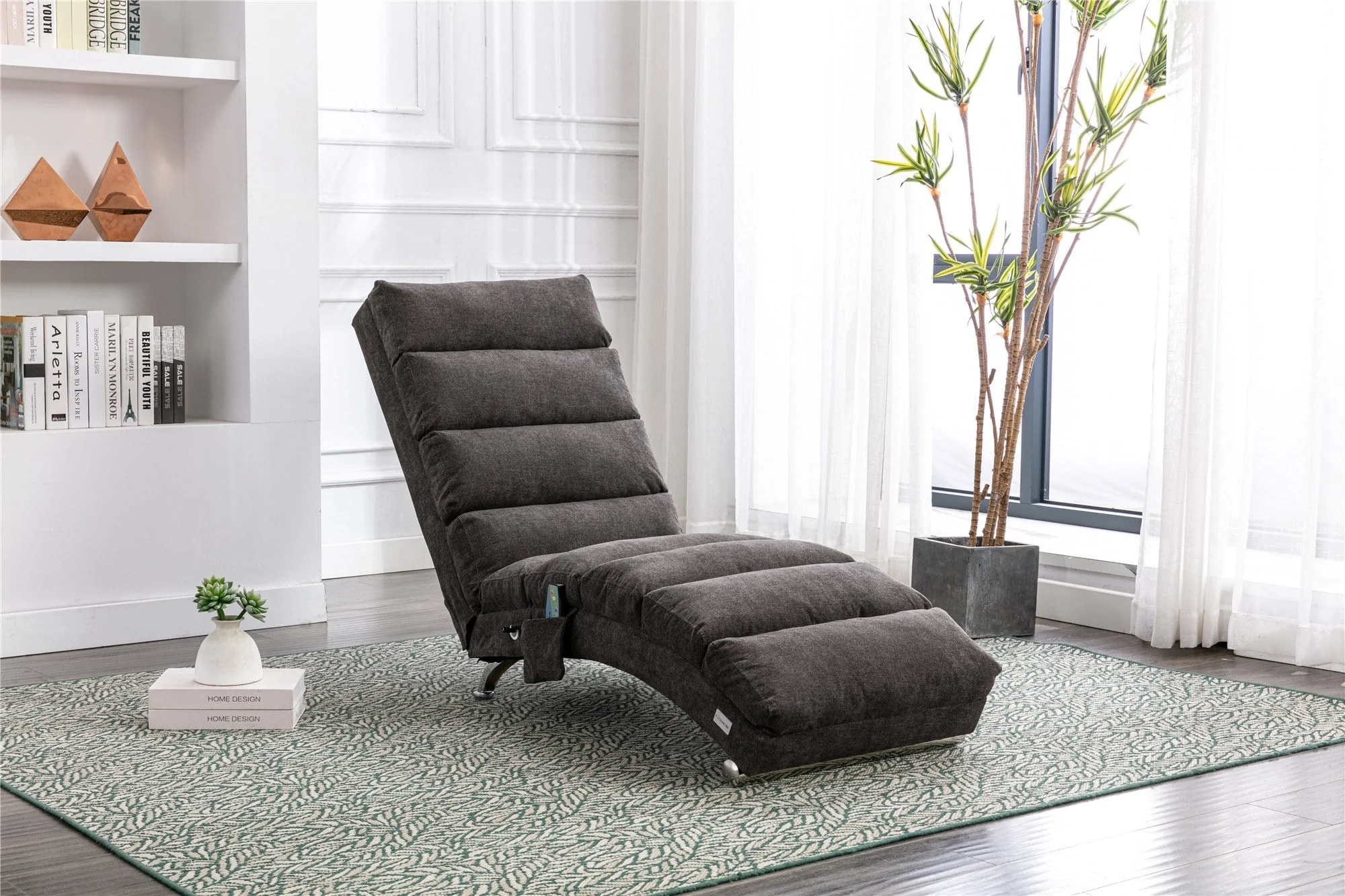 Massage Chaise Lounge, Electric Recliner Chair with 8 Massage Zones and 5 Modes, Modern Linen Upholstered Lounger with Side Pocket and Ergonomic Backrest Lounge Chair for Living Room, Dark Gray