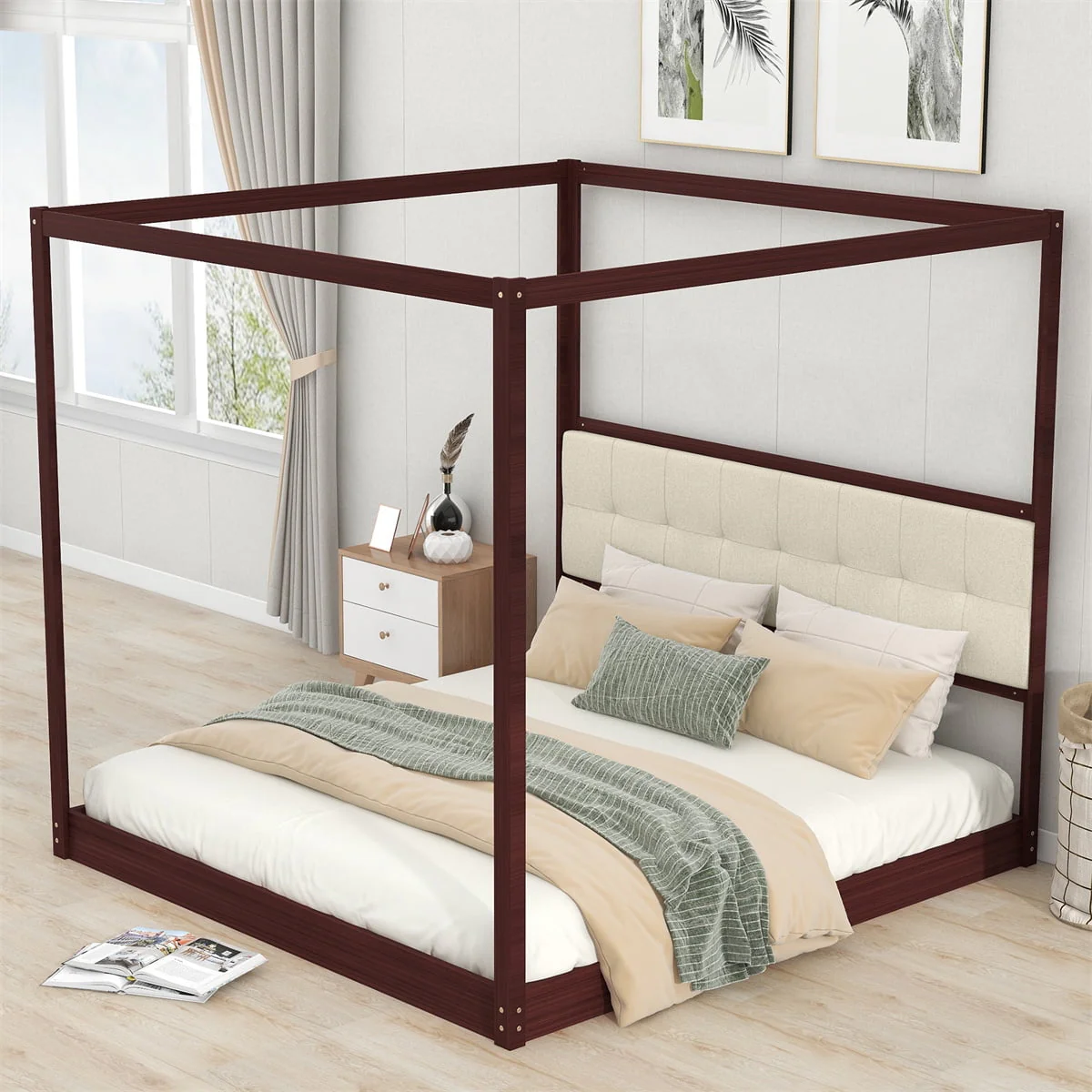 Canopy Bed Frame,King Size Wooden Canopy Bed with Upholstered Headboard and Four Poster Design,Solid Wood Platform Bed Frame with Slats Support for Bedroom,No Box Spring Needed,Easy Assembly,Espresso