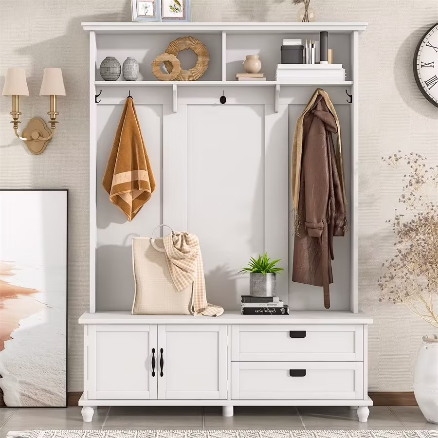 Hall Tree with Storage Cabinet and 2 Large Drawers, Entryway Bench with Widen Mudroom Bench with 5 Coat Hooks for Hallway, White