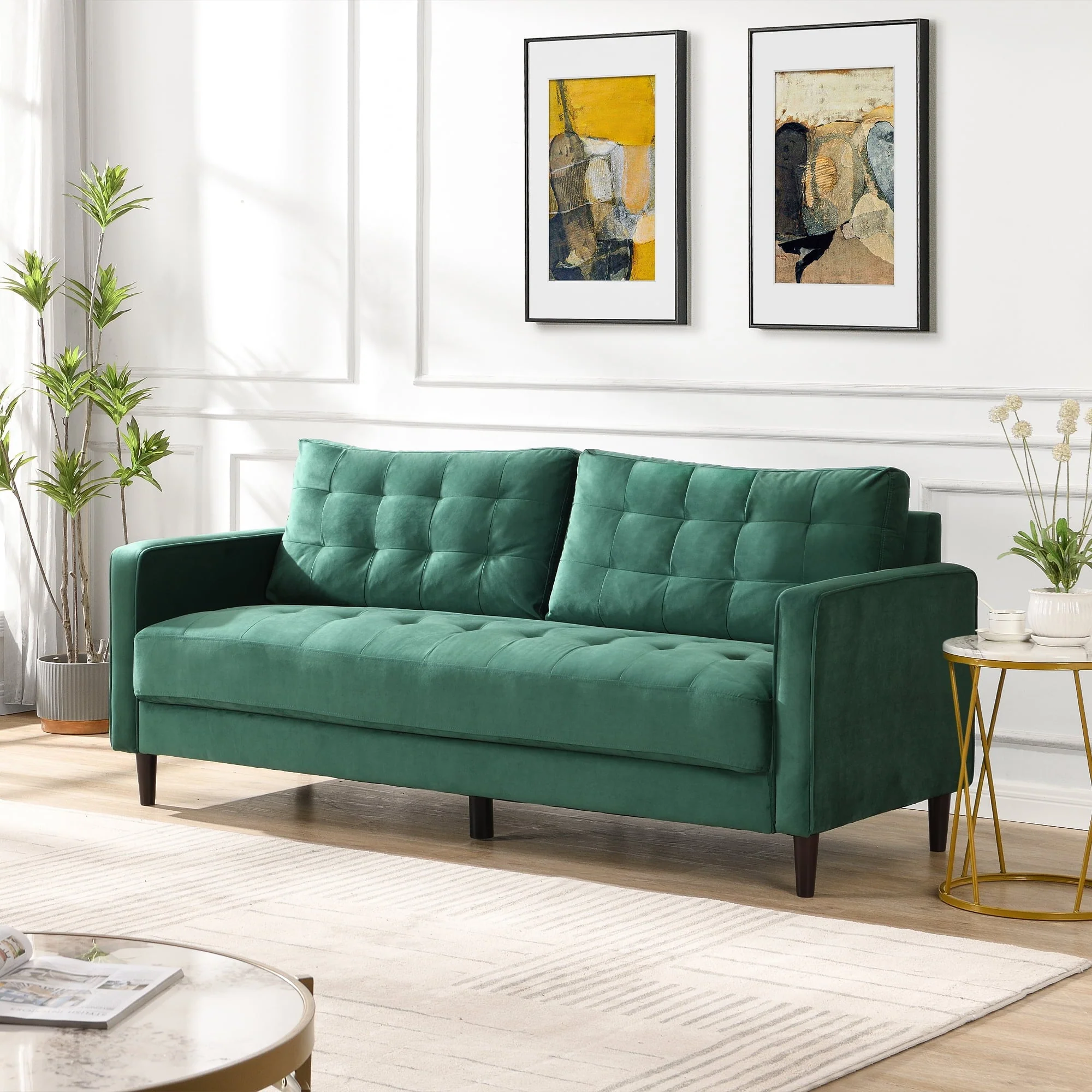 Muumblus 75 " Velvet Tufted Upholstered Sofa Couch with Square Arm, Modern 3 Seater Loveseat Sofa for Living Room, Green