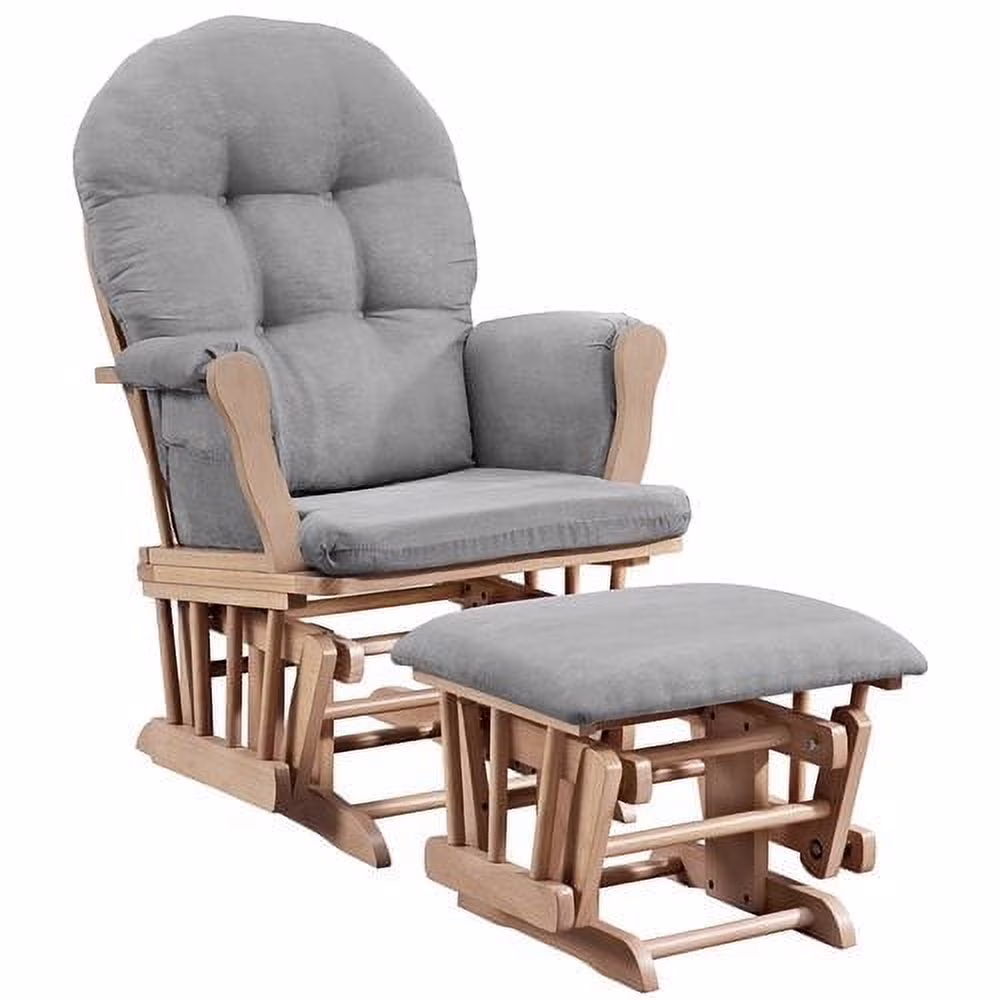 Angel Line Windsor Glider and Ottoman, Natural Finish with Gray Cushions