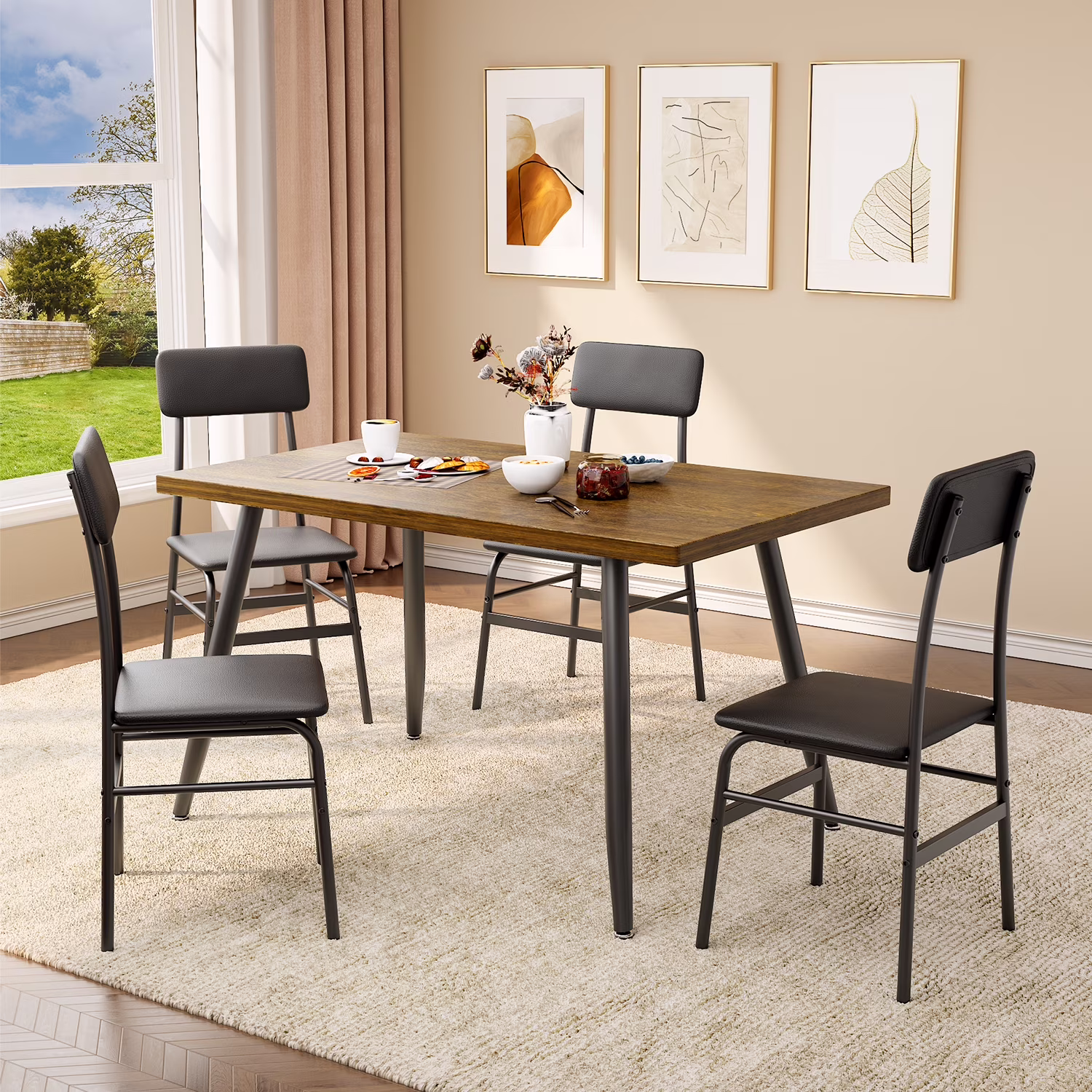 Aiho 5-Piece Modern Dining Set, Metal & Wood Table & 4 Chairs, Space-Saving for Small Spaces & Apartments, Retro