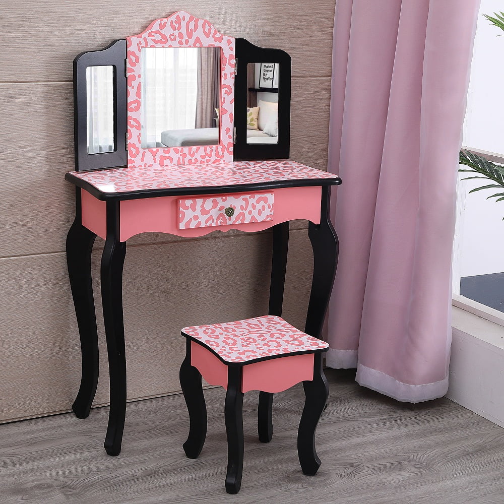 Ktaxon Kids Vanity Table and Stool Set with 3 Mirrors, Pretend Play Princess Makeup Dressing Table,Children's Furniture