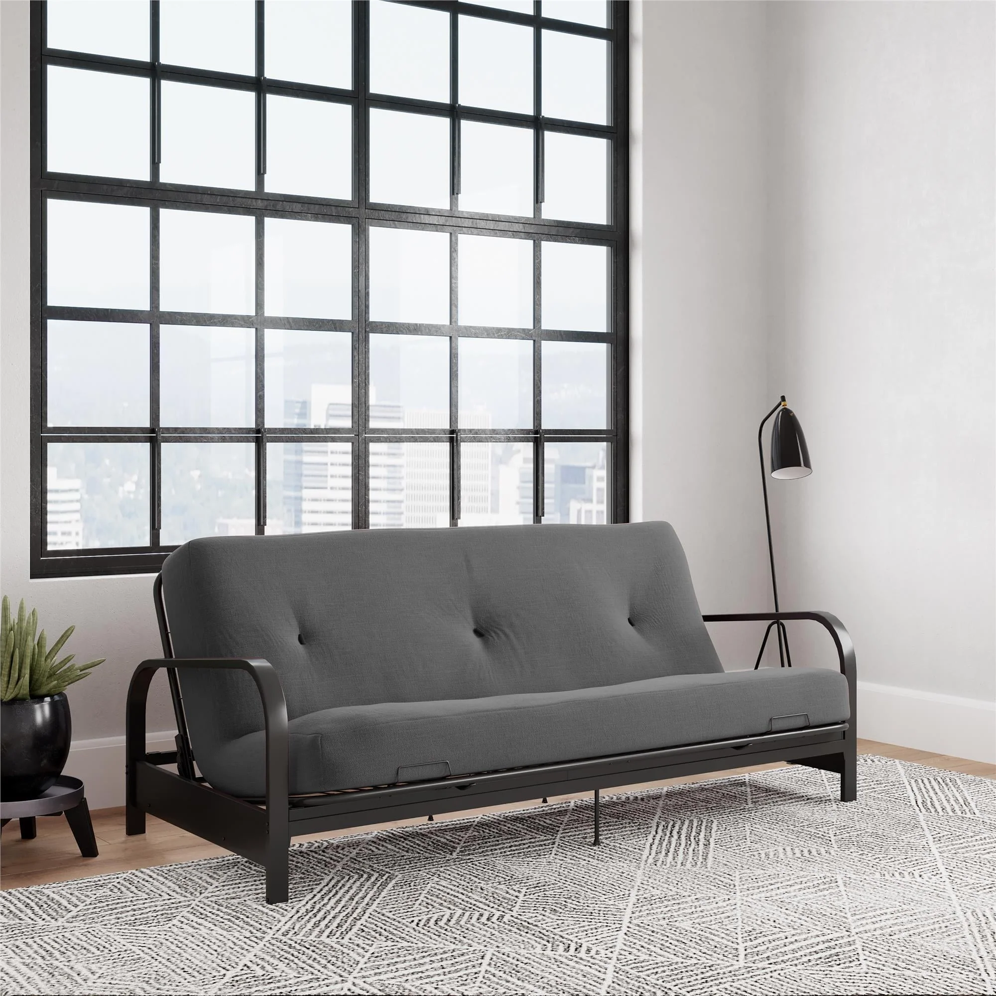DHP Cleo Black Metal Arm Full Size Futon Frame with 6�?Gray Mattress