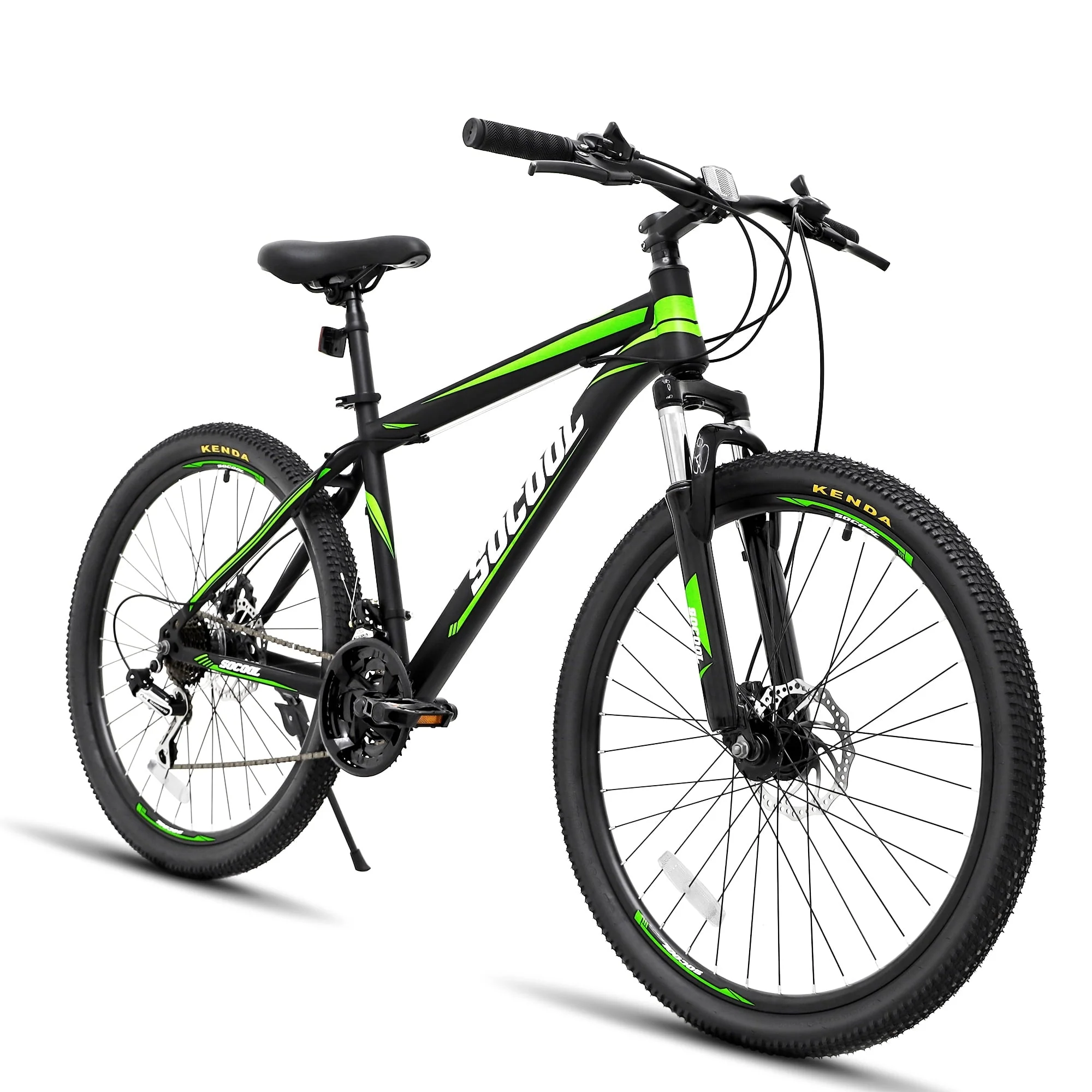 SOCOOL Aluminum Road Bike 21 Speed, Mountain Bike, MTB, 26 inch -Black & White & Green