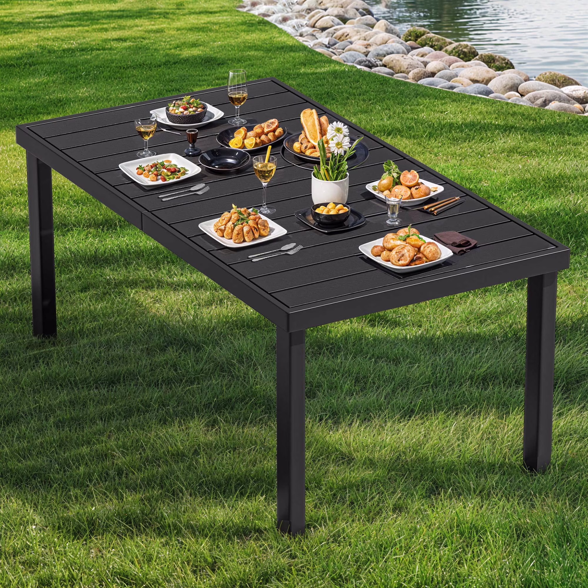 Uforic Patio Dining Table, Rectangular Table for 6, Rust-Resistant Table for Outdoor, Black