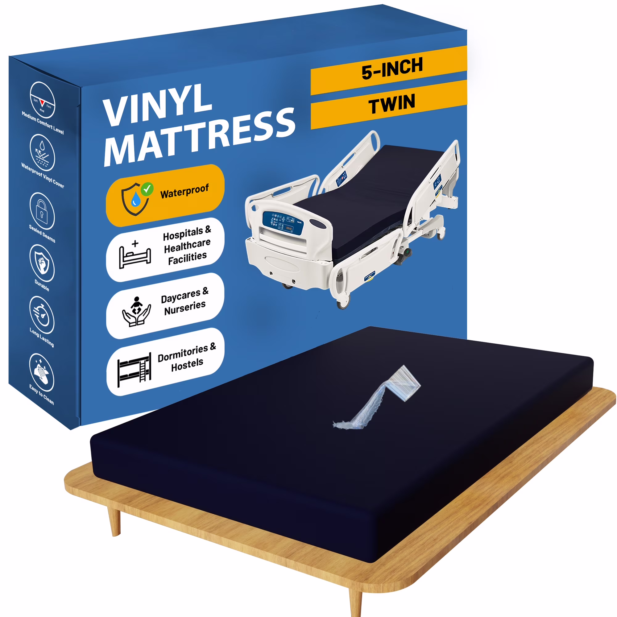 Continental Sleep, 5-Inch Medium Firm Water Resistance Nylon Vinyl Foam Mattress, Noiseless, Soft Cloud Feeling, Body Heat Reflection, Good for Hospital and Camp, Twin, Blue