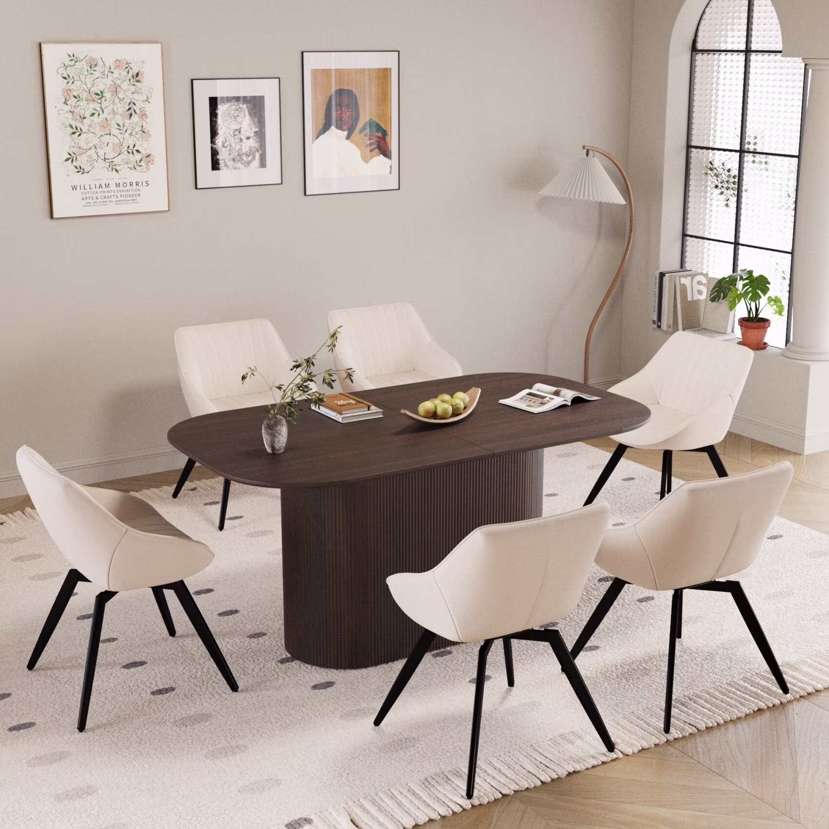 63" Oval Dining Table Set for 6, Wooden Dining Roon Table and 6 PU Swivel Armchairs, Modern Dining Set with High Backrest and Waterproof Tabletop for Living Room,  Beige+Brown