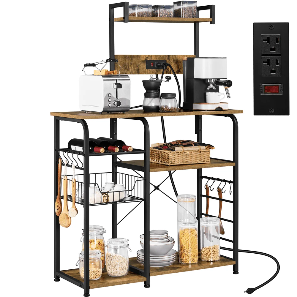 SmileMart 55″Kitchen Baker's Rack with Power Outlet 10 S-Hooks, 4-Tier, Rustic Brown