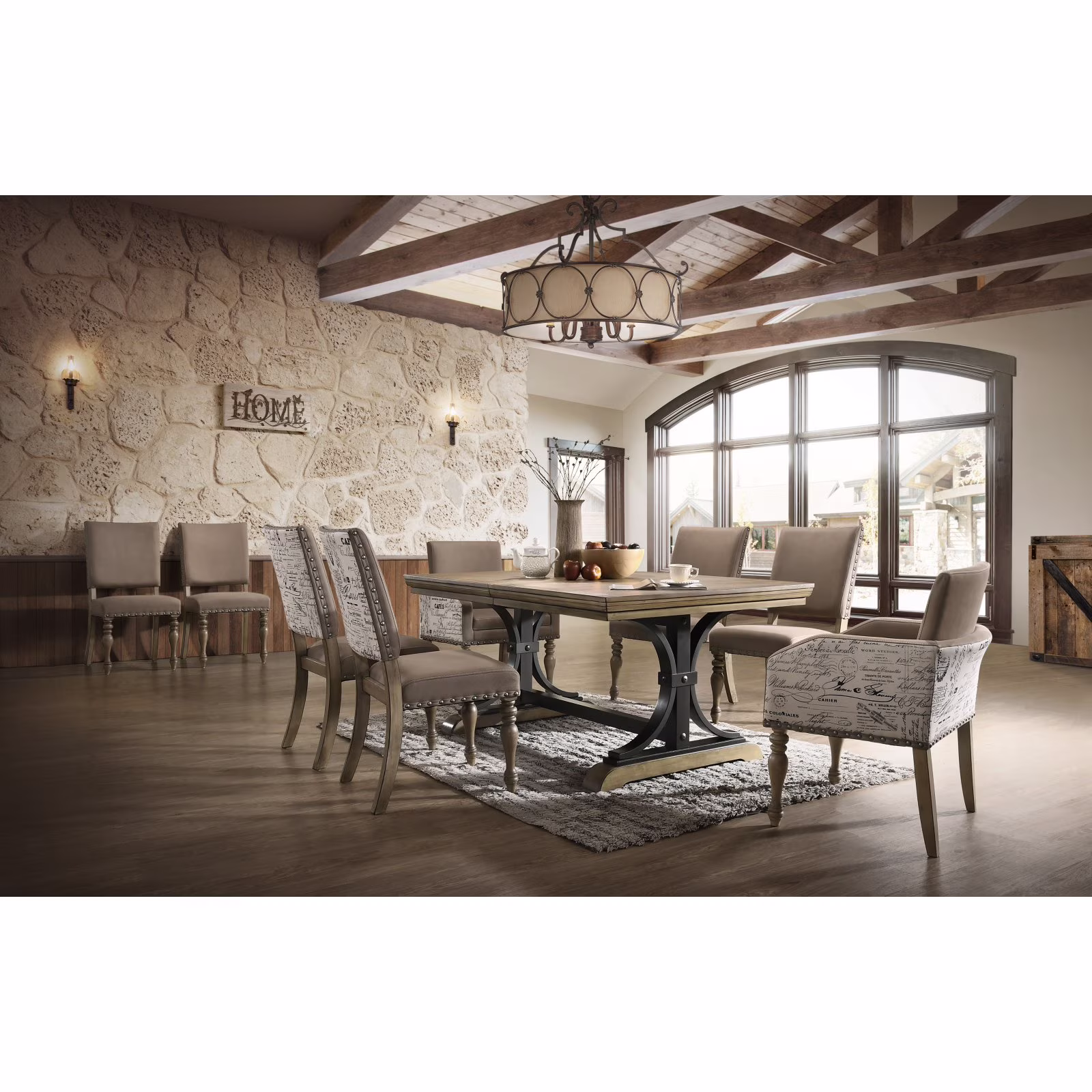 Roundhill Furniture 9-Piece Extendable Table with Nailhead Armchairs Dining Set, Driftwood