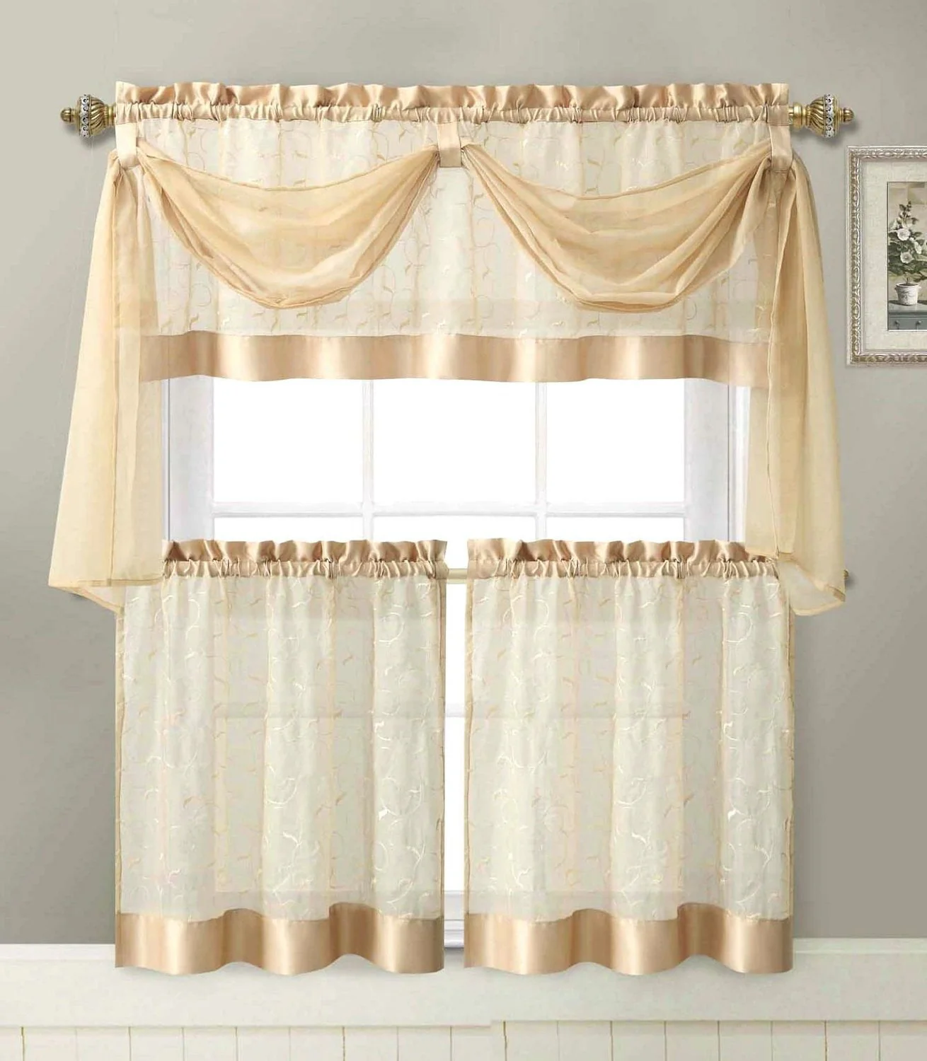 Linen Leaf 4 Pc. Tier & Valance Kitchen Curtain Set  - Gold