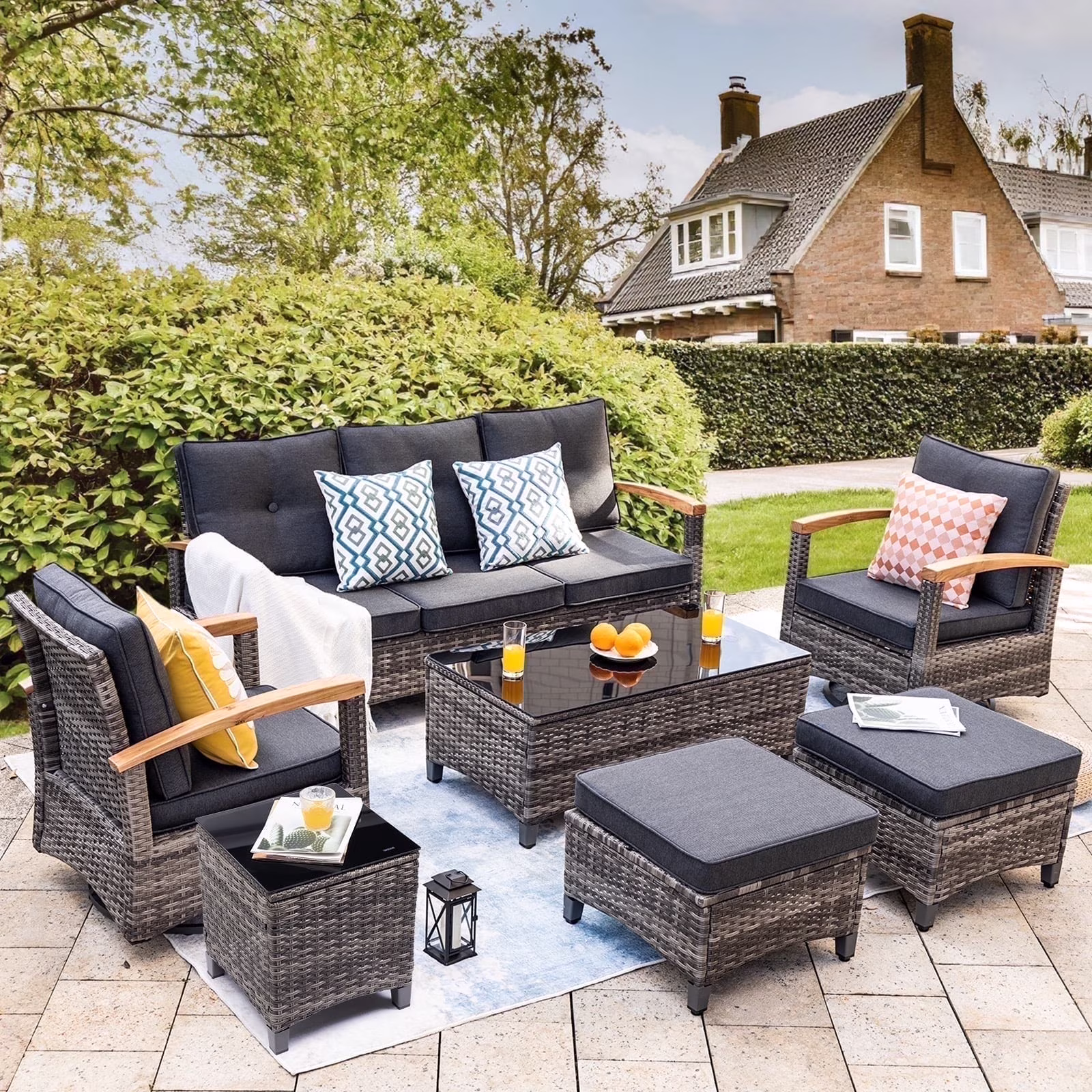 MEISSALIVVE 7-Piece Outdoor Rattan Furniture Set with 2 Wood Armrest Swivel Rocker Chairs, 2 Ottomans, 3-Seat Sofa and Coffee Table, Gray