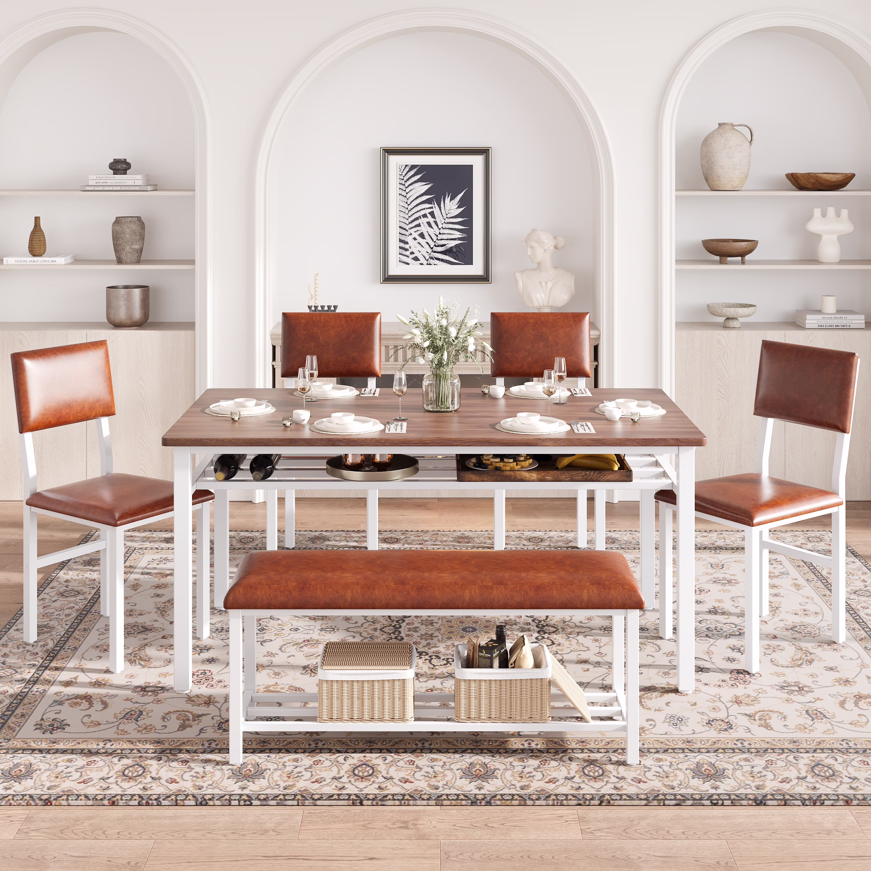 6 Piece Dining Set with Bench, LEGAHOME Modern Dining Table Set for 6, Large Kitchen Table and Chairs for 6 Persons, Rectangle Dinette Sets with 4 Chairs and 1 Bench for Family, Industrial Brown
