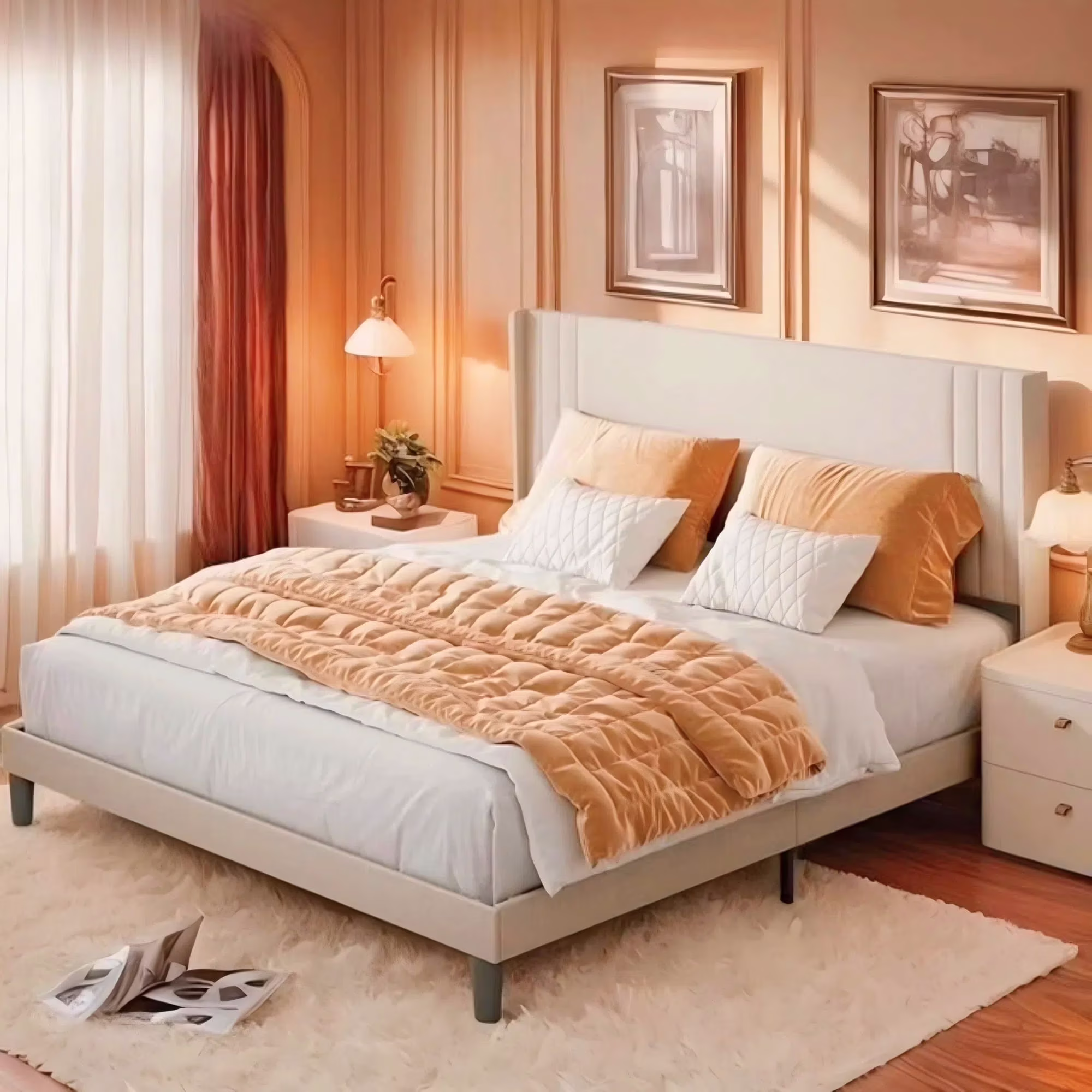 Full Size Bed Frame with Headboard, Under-Bed Storage, 850lbs, Beige