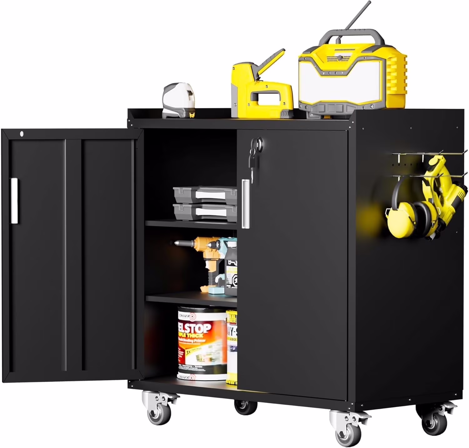 GXK-Home  Metal Garage Storage Cabinet With Lock and Hook Hole,Tool Chest with Wheels for Workshop,Black
