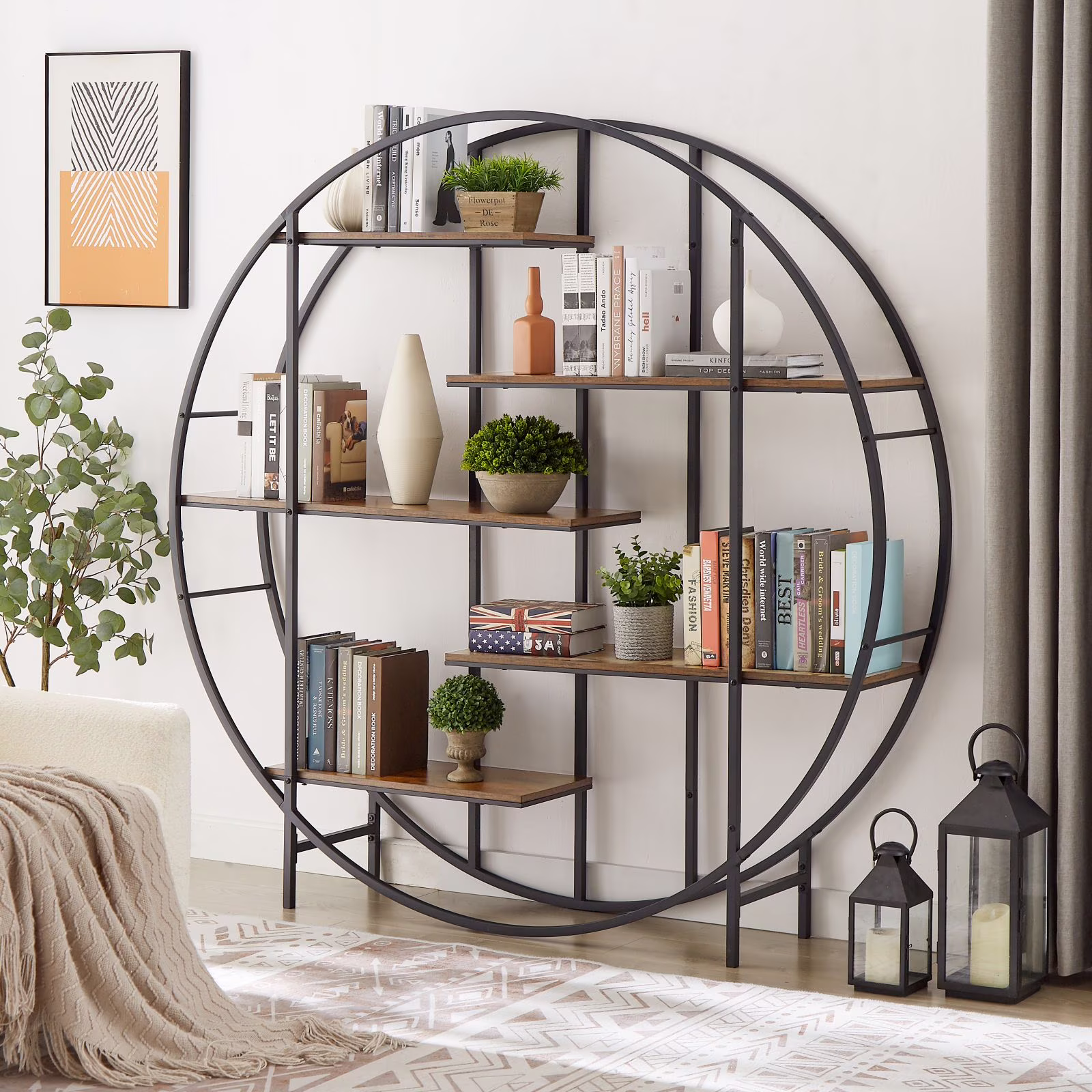 GymChoice Round Bookcase, Industrial Bookshelf Multi-Functional Plant Display Stand with 5 Shelving Units, Circle Retro Display Shelf for Living Room Terrace Garden Balcony, Rustic Brown