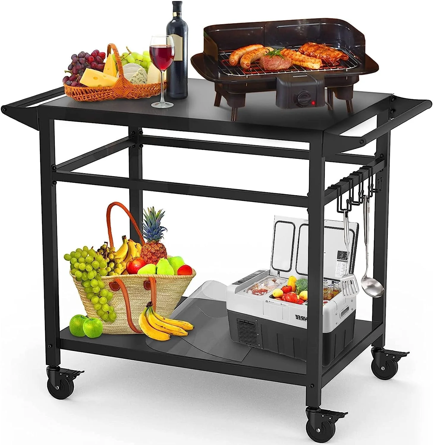 RAXSINYER Movable Grill Table, Outdoor Double-Shelf Grill Cart, Rolling Dining Cart, 20"x 32", Black