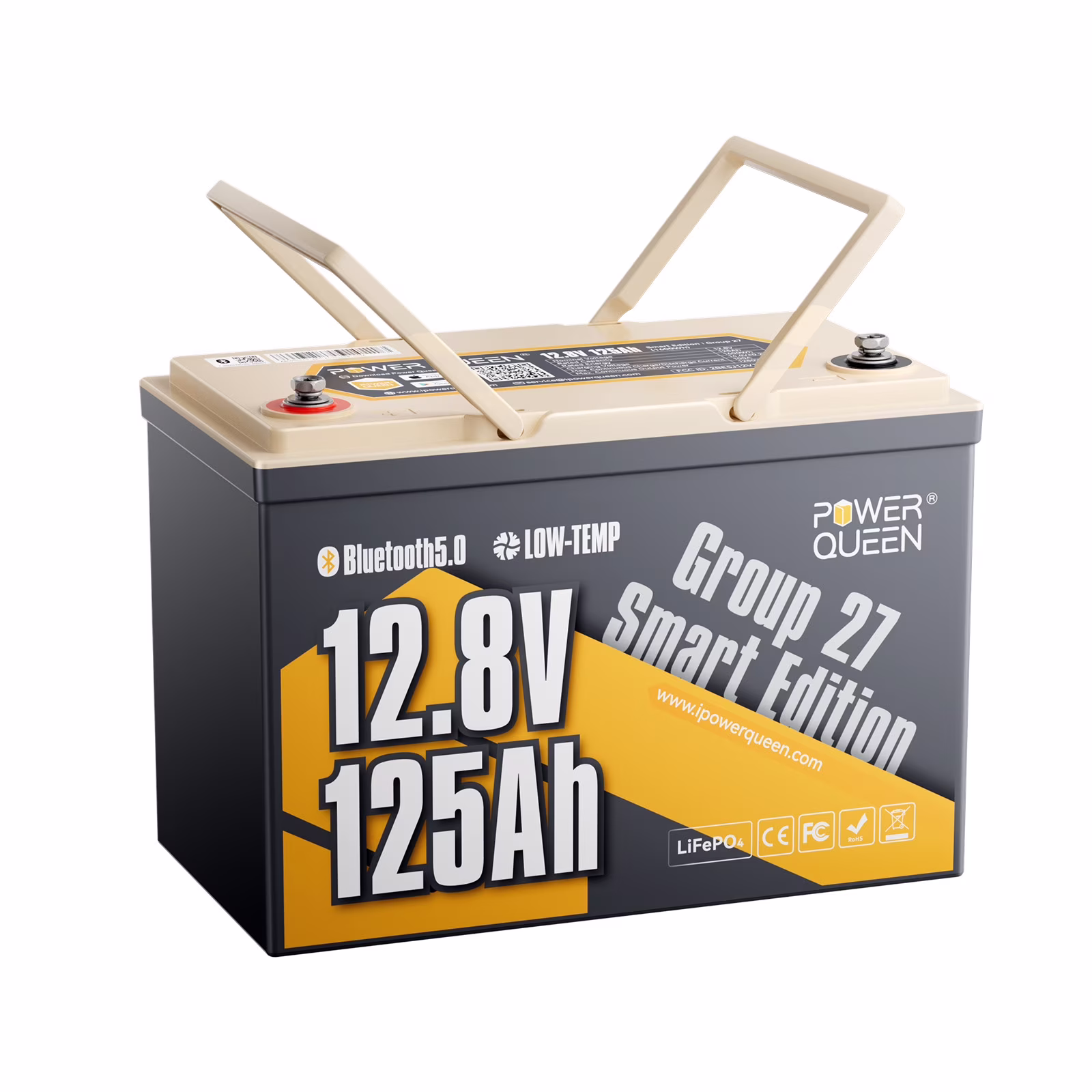 Power Queen 12V 125Ah Lithium Battery Group 27 Bluetooth LiFePO4 Battery,1600Wh Energy, 100A BMS with Low-Temp Protection for RV, Marine, Home Energy Storage